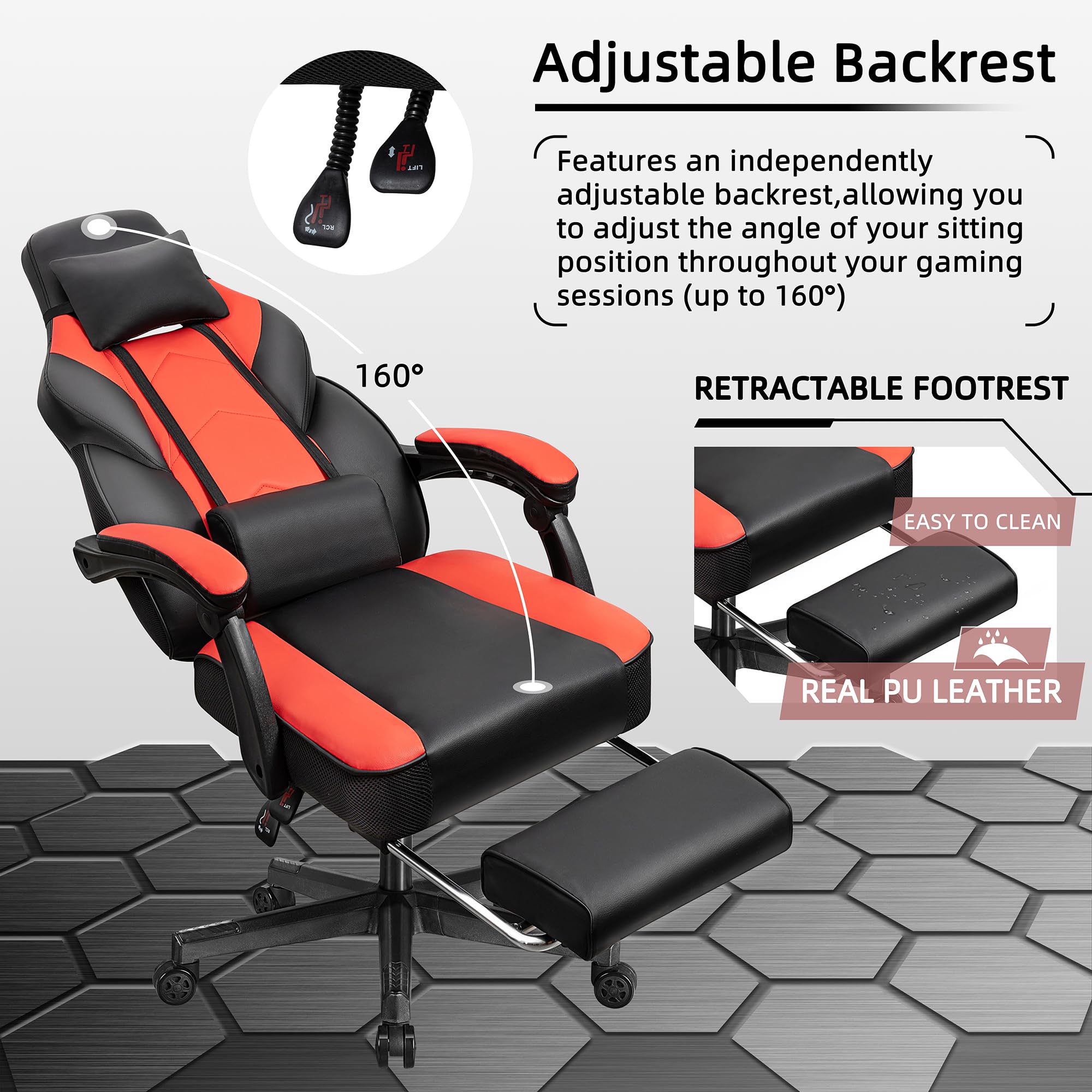 Gaming Chair with Footrest & Massage Lumbar Support