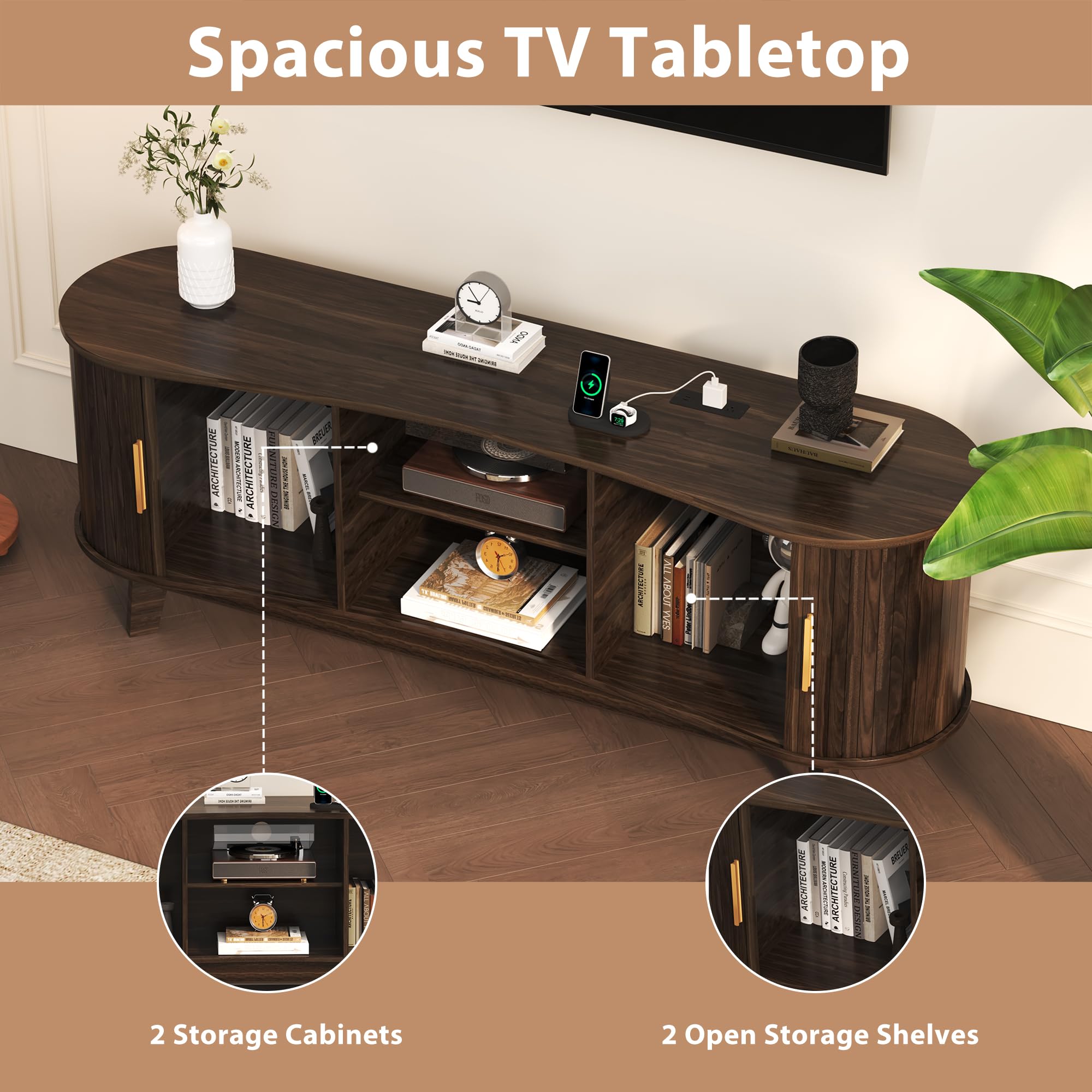 59" Mid-Century TV Stand with Sliding Doors & Power Outlets