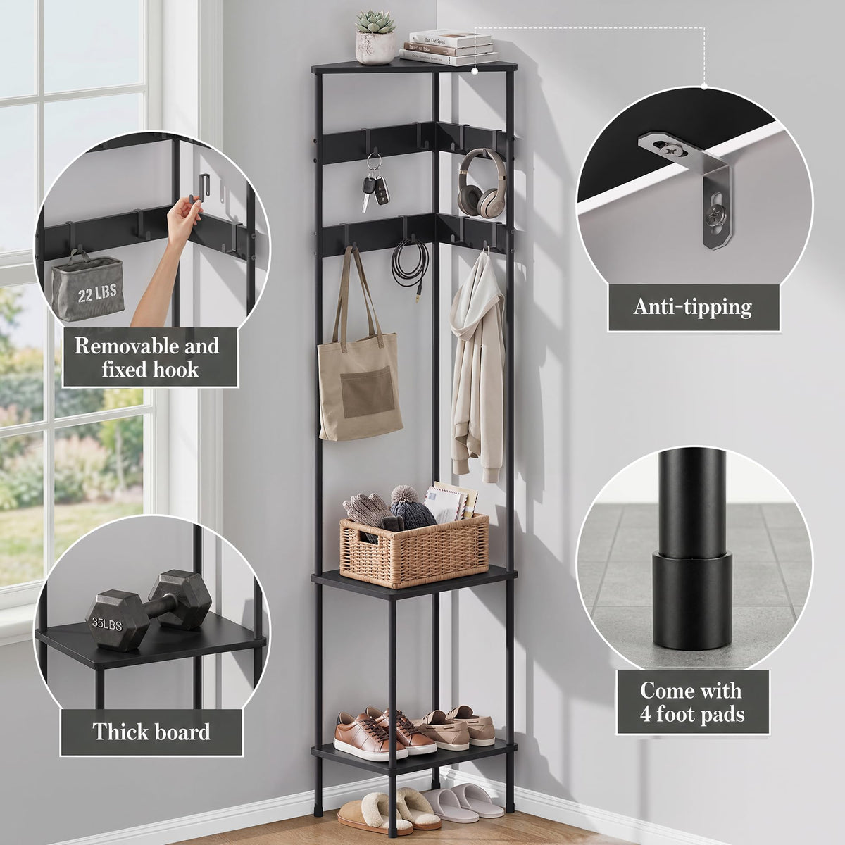 Corner Coat Rack with Shelves