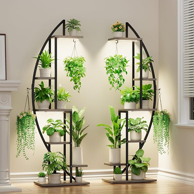 6-Tier Half-Moon Plant Stand with Grow Lights, 2-Pack