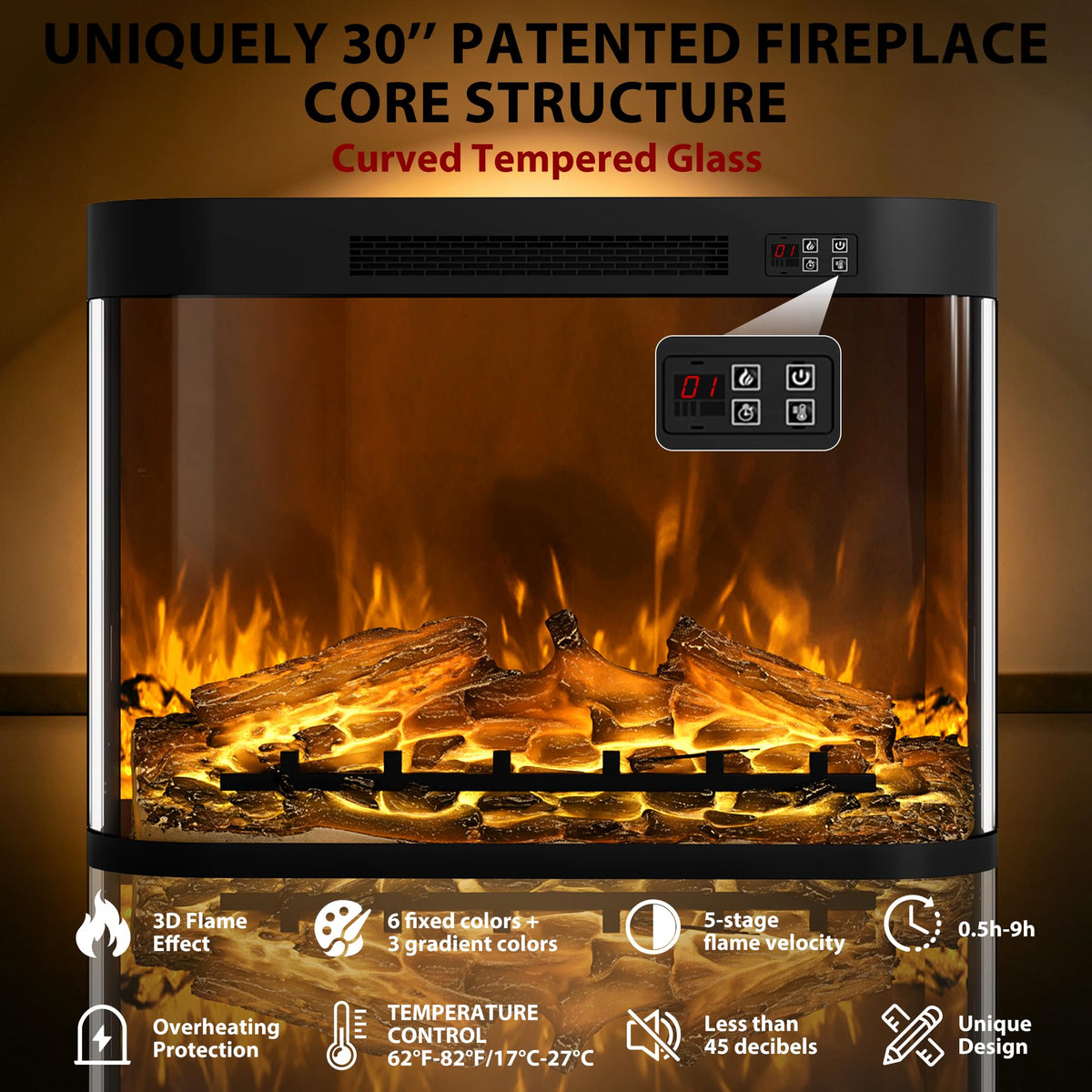 RNLRNL 70" TV Stand with 30" Curved Electric Fireplace, Blue/Black