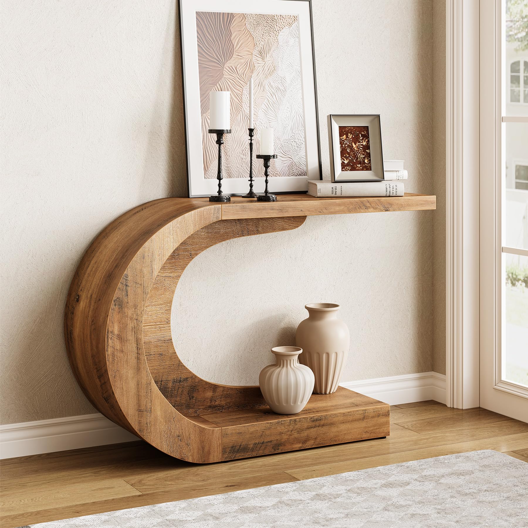 LITTLE TREE 43.3-Inch Farmhouse Console Table, 2-Tier C-Shaped Sofa Table Behind The Couch, Wooden Narrow Entryway Hallway Foyer Table for Living Room, Entrance, Rustic Brown