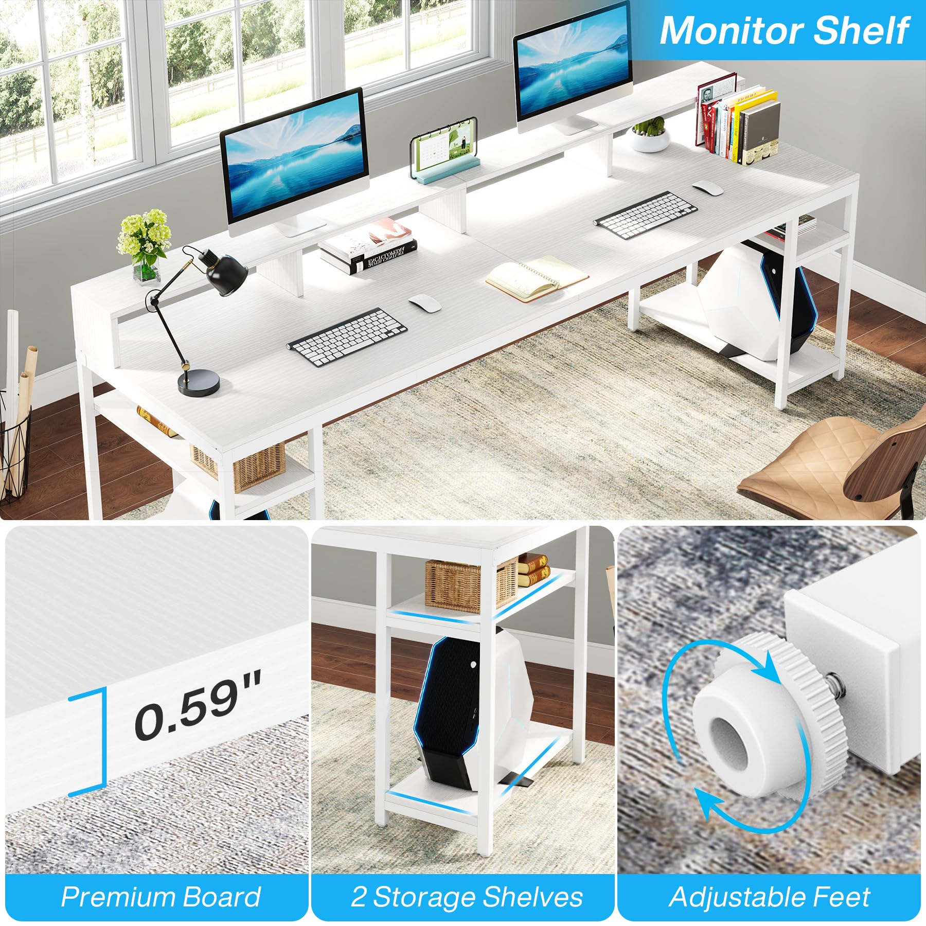 78.74" Double Desk with Monitor Stand & Storage Shelves
