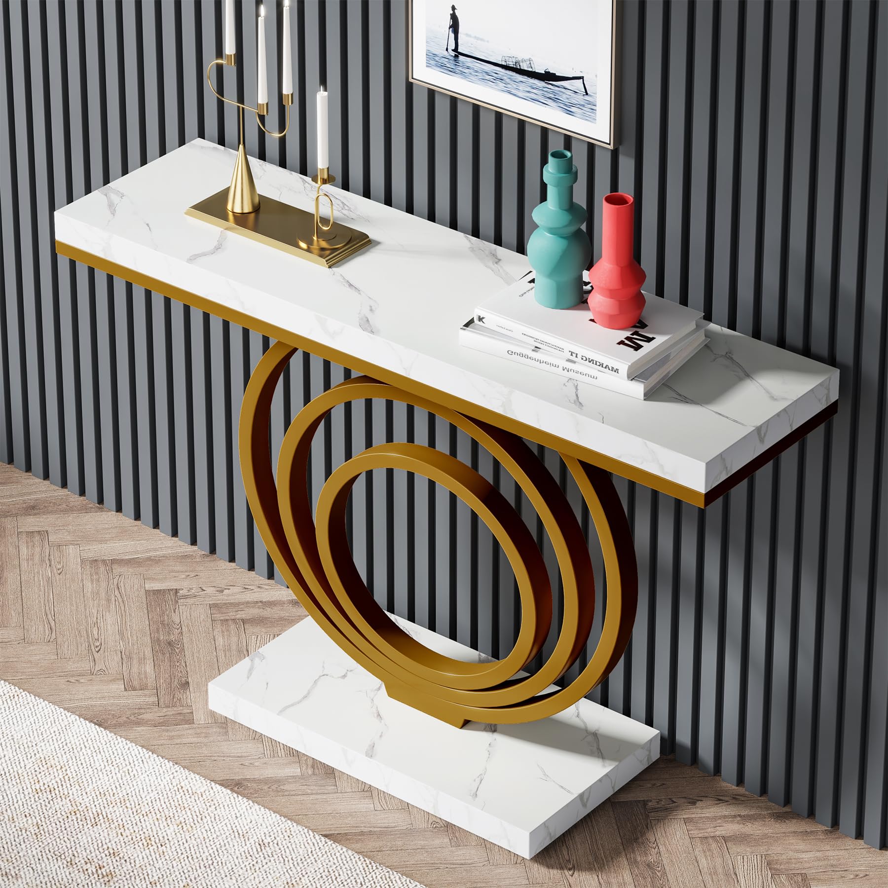 Tribesigns 41-Inch Gold Entryway Table, Modern Console Table Narrow Long, Contemporary Accent Table for Living Room, Hallway, Entrance, Faux Marble Veener Top