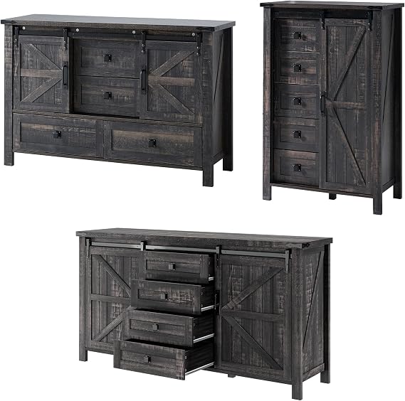 3-Piece Farmhouse Bedroom Dresser Set with Sliding Barn Doors
