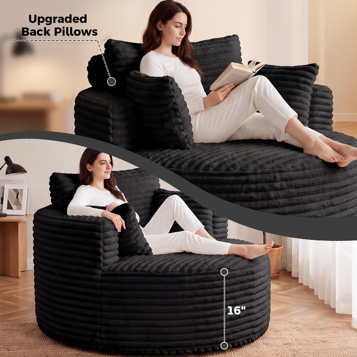NicBex 50” Oversized Large Lounge Chair Indoor with 3 Pillows, Black