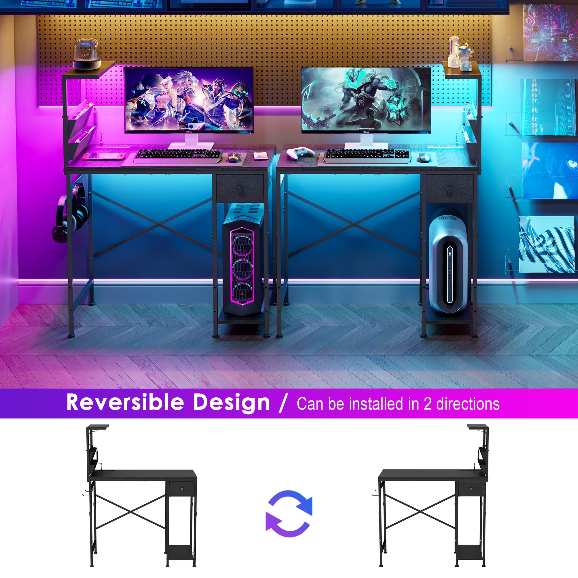 33.7 Inch Small Gaming Desk Table with LED Lights & Power Outlets, Compact L Shaped Gaming Computer Desk with CPU Stand, Drawer & Storage, Corner PC Desk for Kids, Home Office , Bedroom, Black