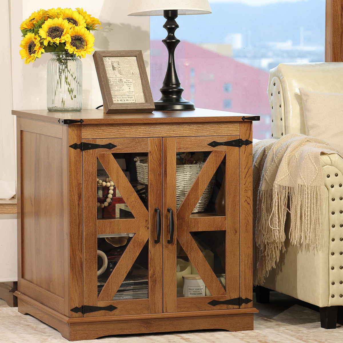 BEROXII Farmhouse End Table, 24" Large End Tables with Storage, Rustic Square Sofa Beside Table with Glass Barn Door, Wood Side Table Square Nightstand for Living Room, Bedroom, Office (Brown)