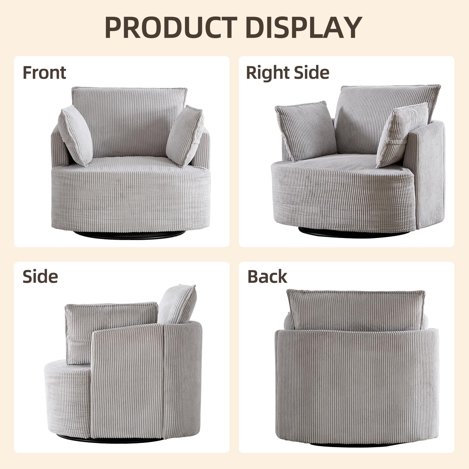 360° Swivel Barrel Chair with Corduroy Upholstery & 3 Pillows