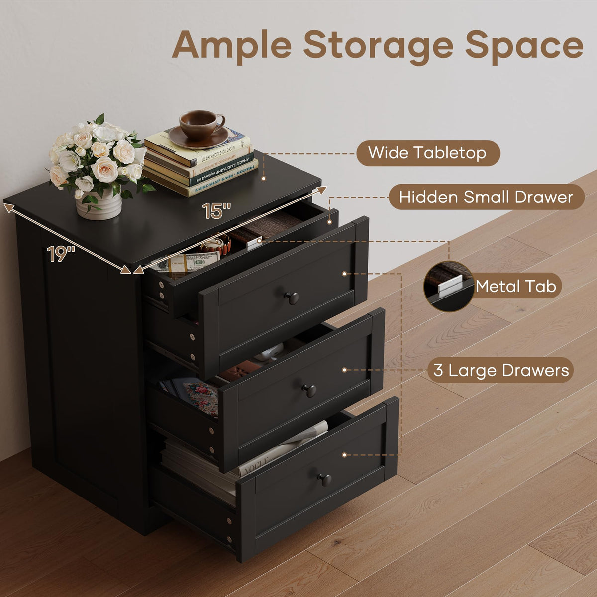 wanan Nightstand Set of 2 with Hidden Drawer, Black