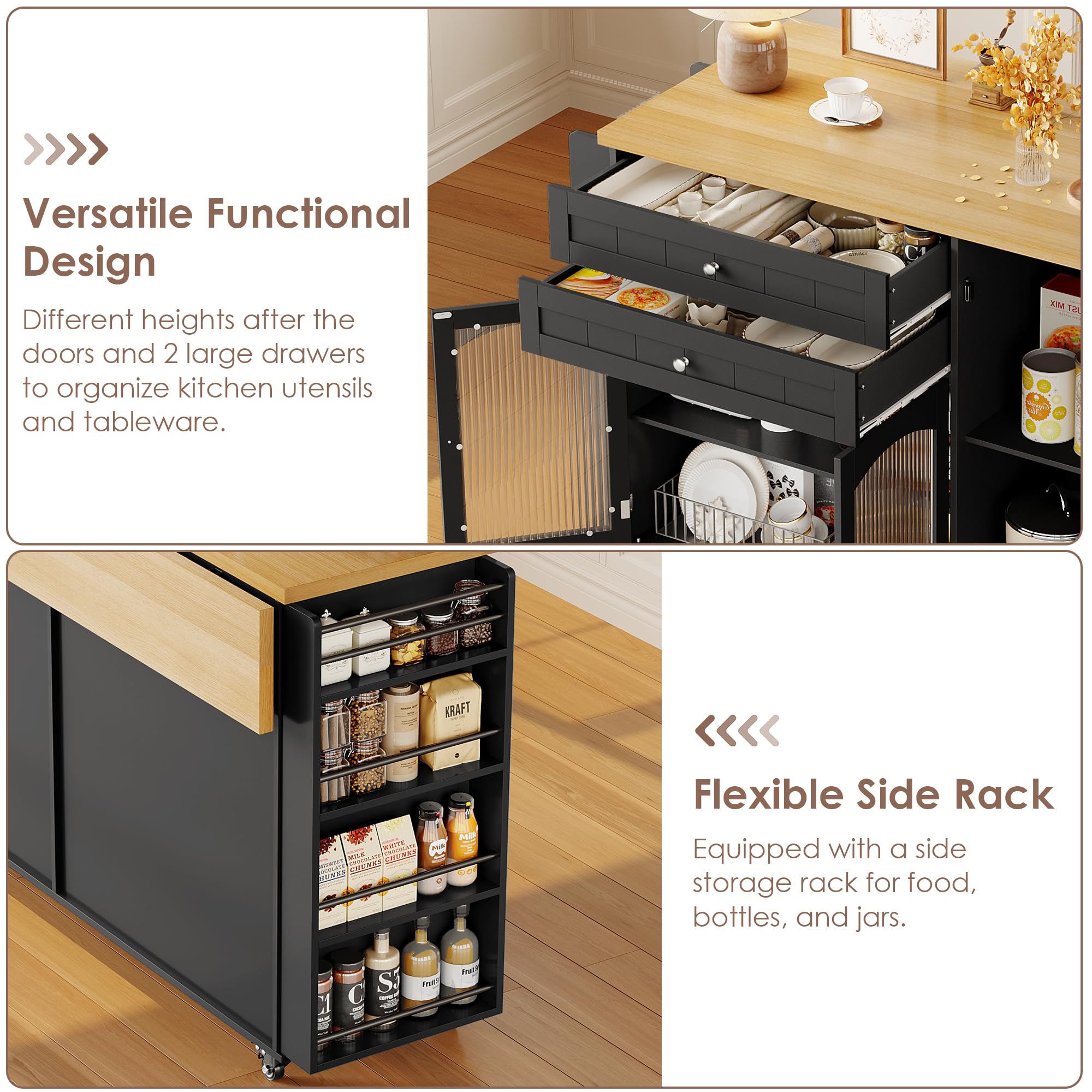 Rolling Kitchen Island Cart with Drop Leaf Countertop