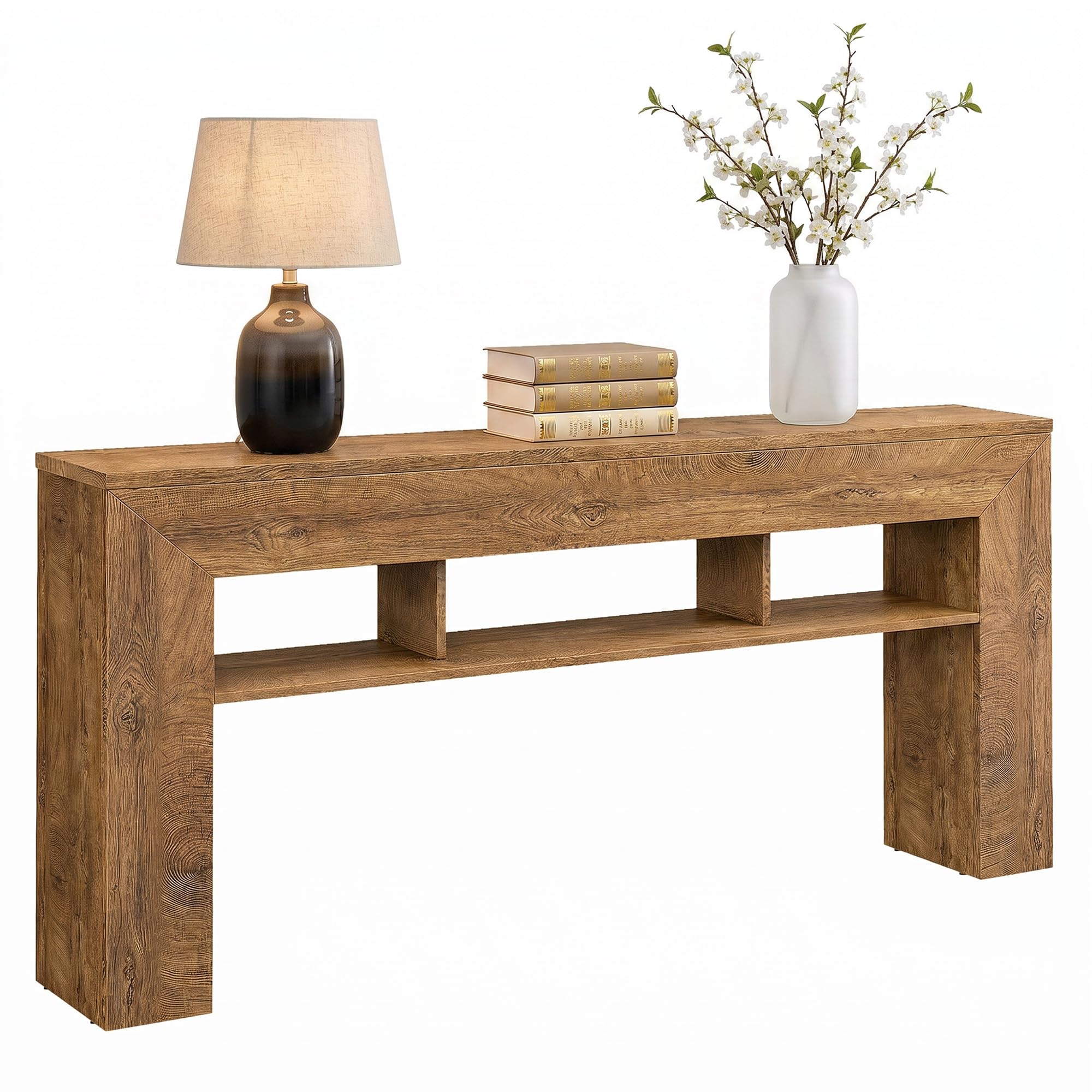 EnHomee 63 Inch Long Console Table for Entryway Sofa Table with Extra Storage Shelves Farmhouse Wood Behind Couch for Hallway, Entrance, Living Room, Foyer, Light Brown