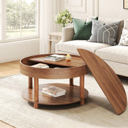 HSH Round Coffee Table, Modern Living Room Table with 2-Tier Storage, 360°Rotating Desktop, Removable Tray, Wood Circle Center Cocktail Table for Living Room, Bedroom, Office, Walnut, 30.63 Inch