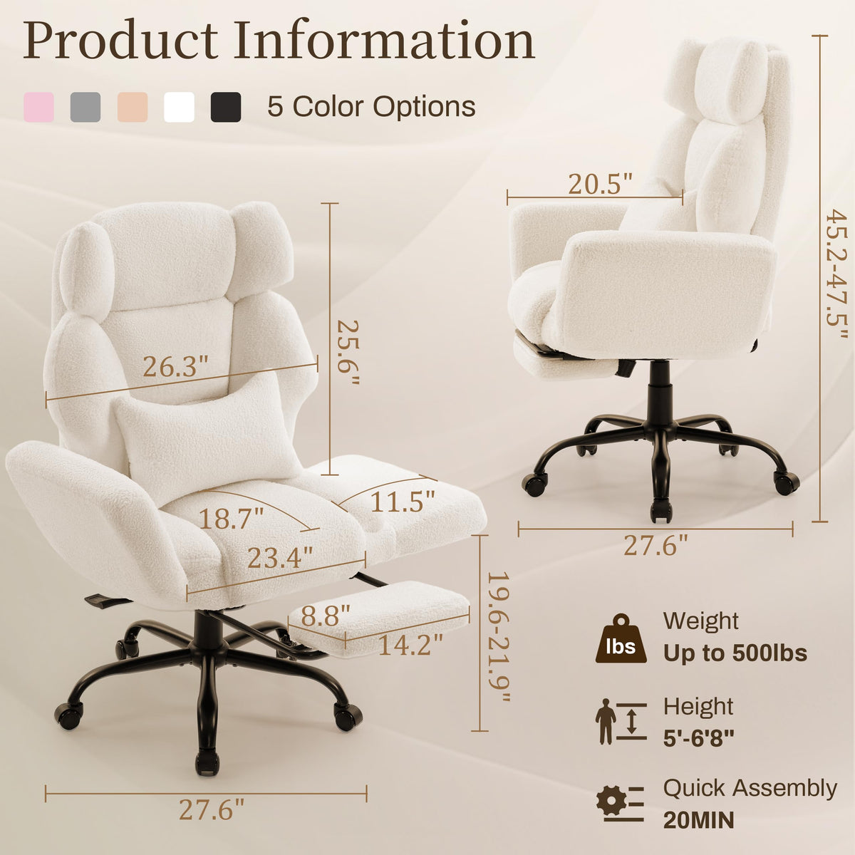Office Chair with Flip Armrests,Big and Tall Office Chair with Foot Rest,Extra Wide Seat & Lumbar Pillow,Ergonomic Computer Gaming Chair,Comfy Criss Cross Chair for Pets Sitting,Teddy Fleece,White