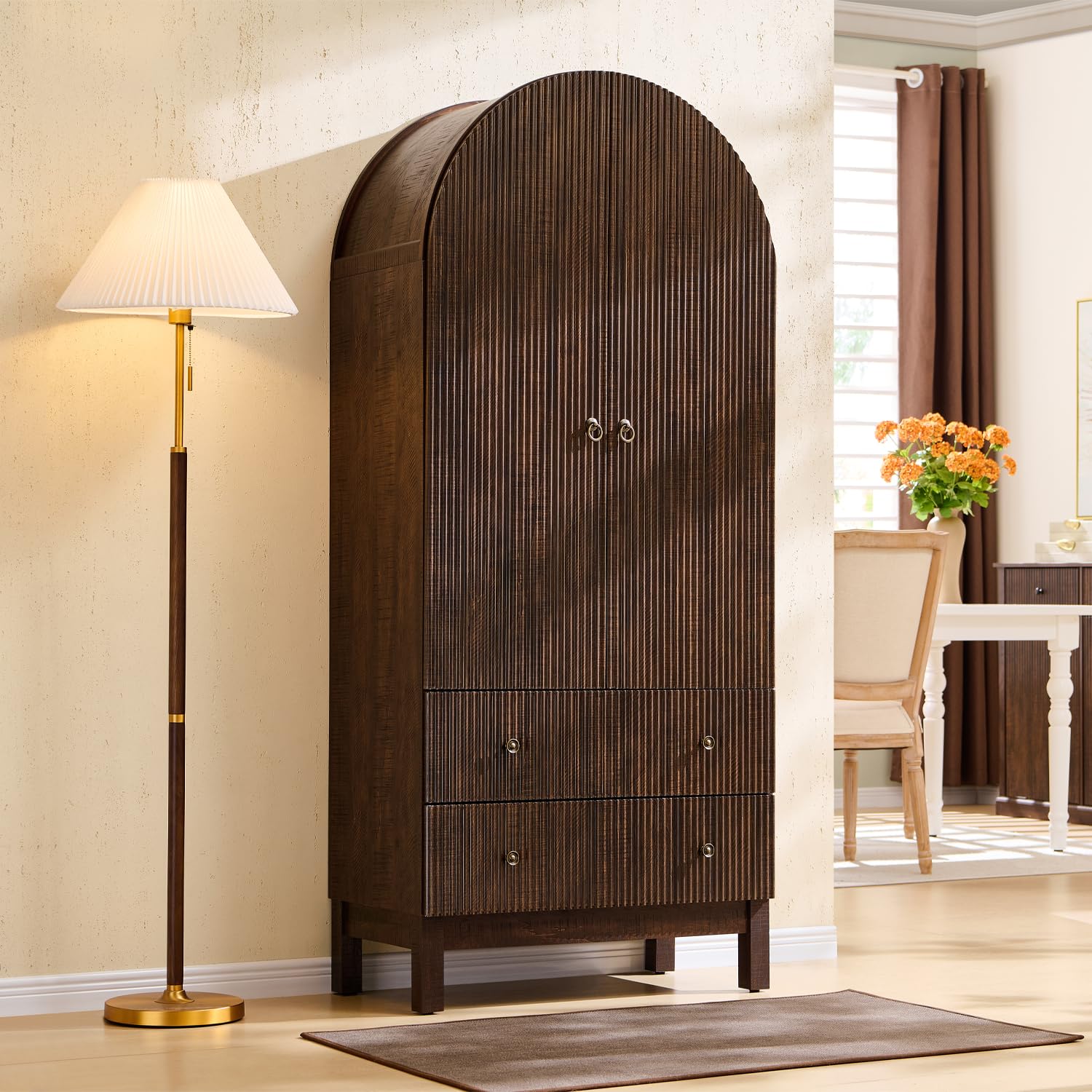 IFGET 71" Tall Arched Pantry Cabinet, Fluted Kitchen Storage Cabinet with Adjustable Shelves and 2 Large Drawers, Freestanding Morden Versatile Cupboard for Living Room, Bathroom, Brown