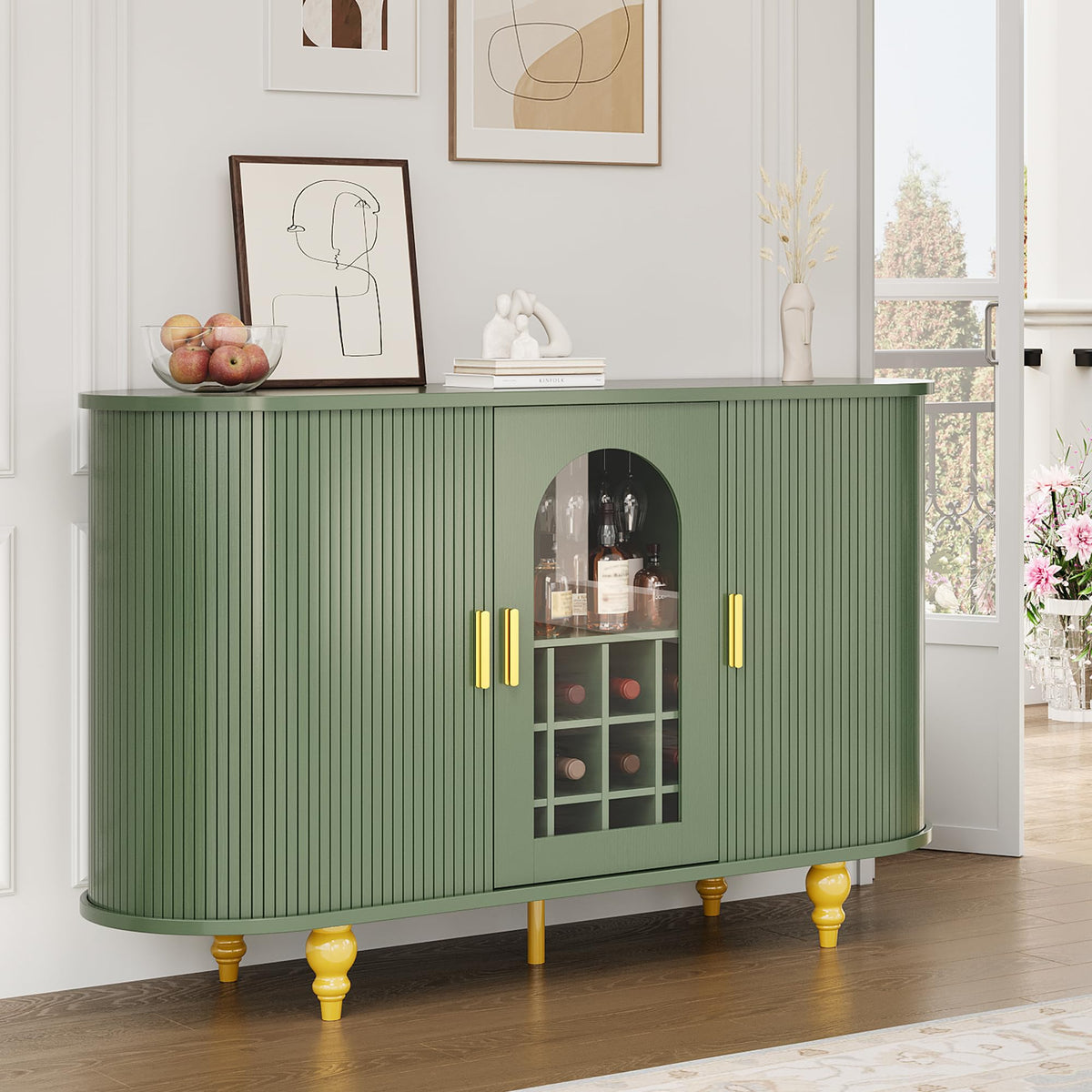 Garvee Modern Coffee Bar Cabinet with Wine Glass Rack,Green