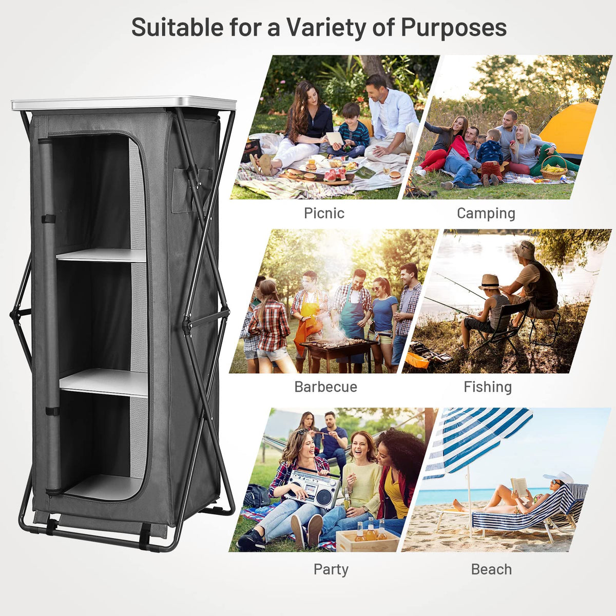 GIANTEX Folding Camping Storage Cabinet with 3 Shelves and Carry Bag, Portable Outdoor Organizer Kitchen Table, Quick Set-up for BBQ, Picnic, Backyard, Compact Pop-Up Cupboard, 55''H
