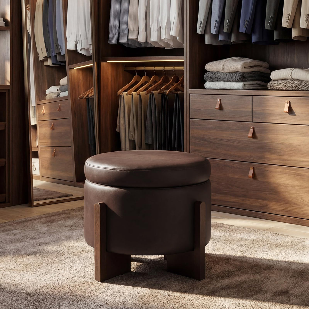 Round Faux Leather Storage Ottoman
