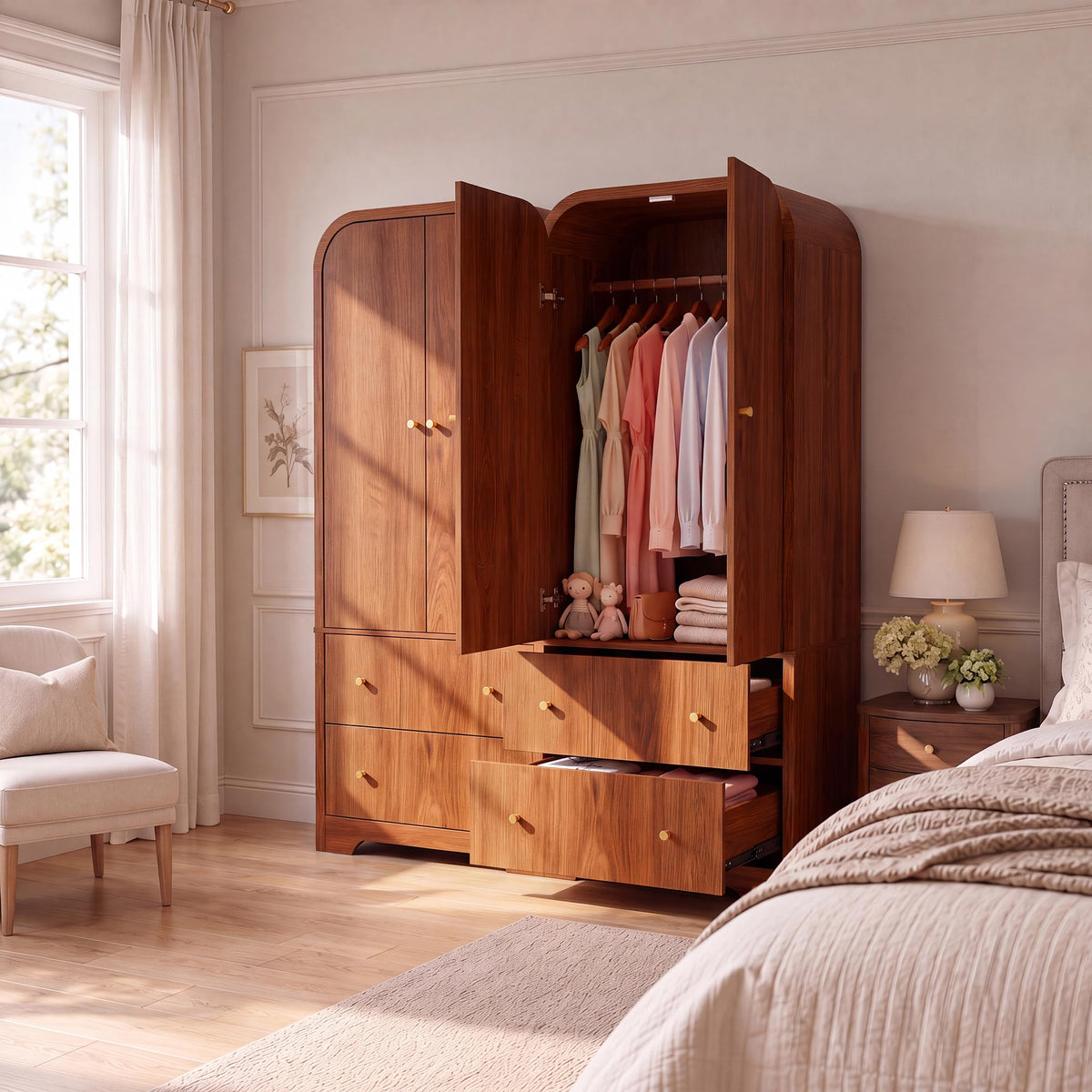Seang Arched Armoire Wardrobe Closet,70" Wooden Wardrobe Cabinet with 2 Drawers,Hanging Rod,2 Doors Clothing Storage Cabinet for Bedroom,Gym,Cloak Room,Walnut