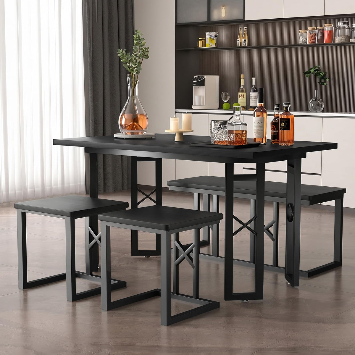VECELO 43.3" Dining Table Set for 4, Space-Saving Kitchen Table with 1 Bench and 2 Stools, Tuck-Away Seating, Rustic Farmhouse Style, Adjustable Foot Pads, Black