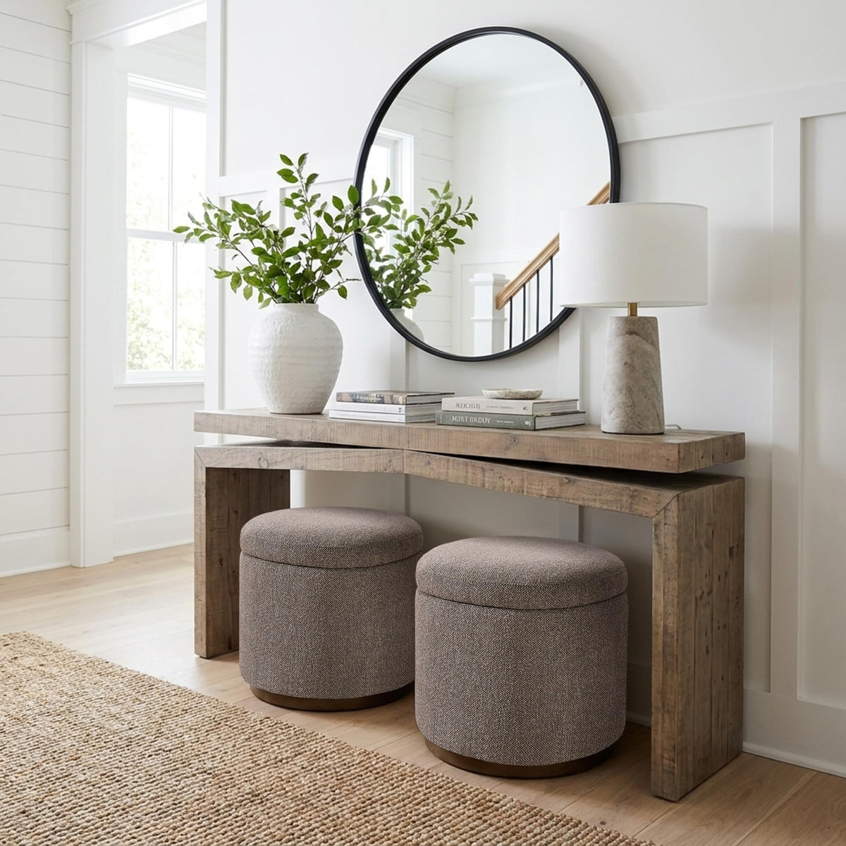 Round Bouclé Storage Ottoman
