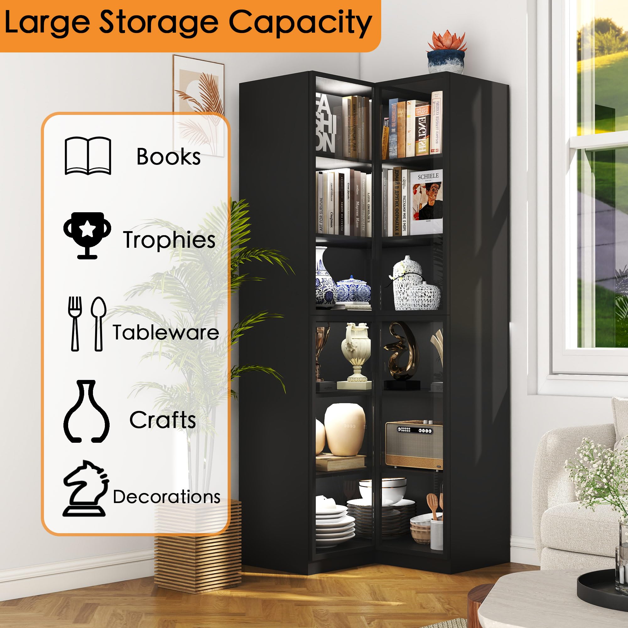 L-Shaped Corner Bookcase with Glass Doors & LED Lights