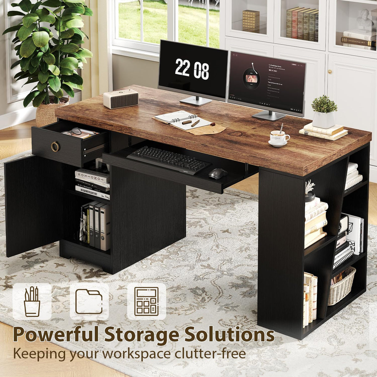 HSH Office Desk with Keyboard Tray in Home, Computer Desk with Storage 55"