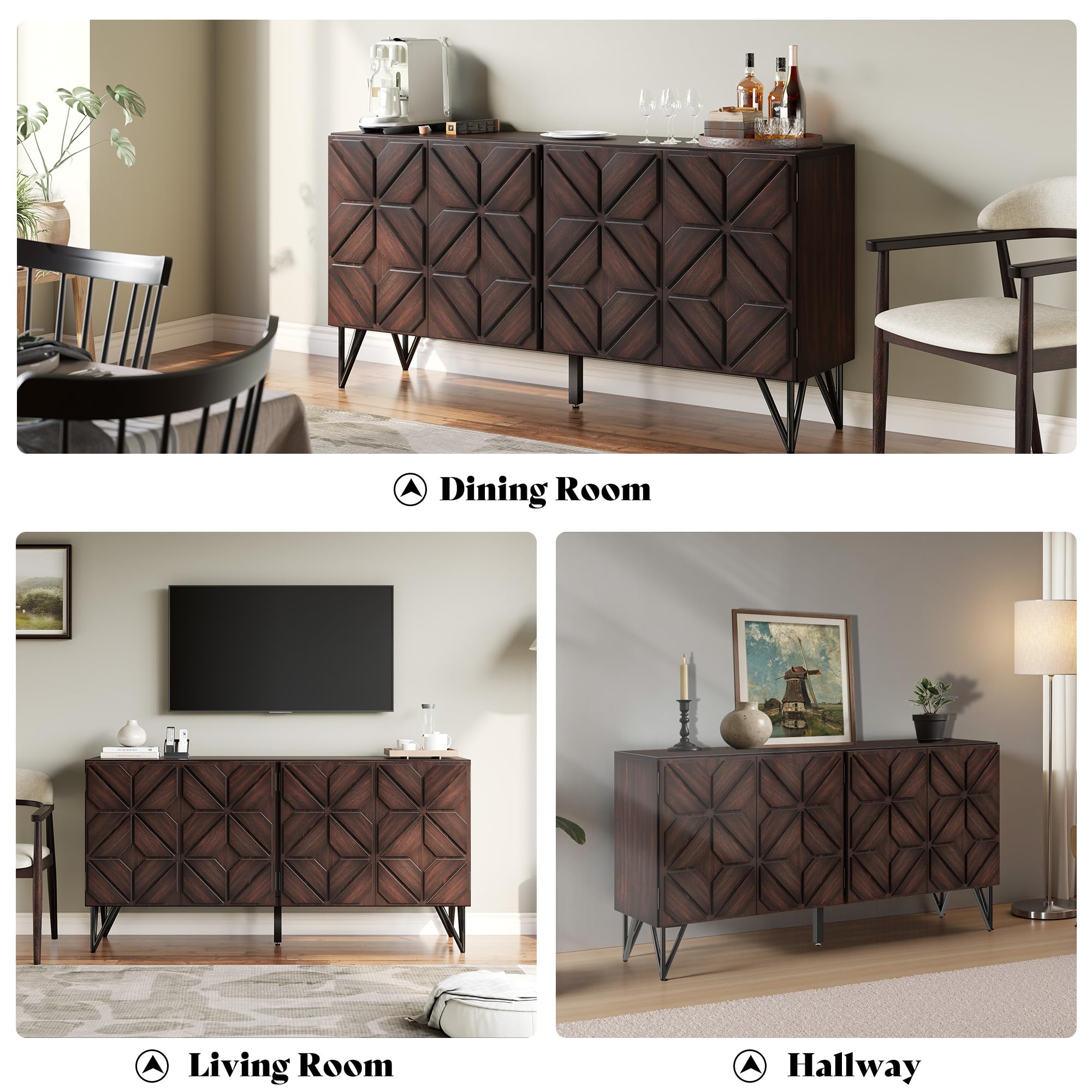 63" Wood Sideboard Buffet Cabinet with Hand-Carved Doors