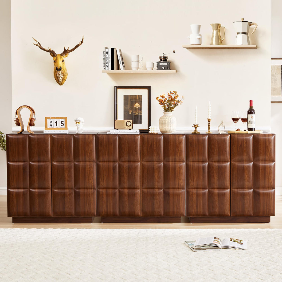 XUZENEST Set of 3 Sideboard Buffet Cabinet with Storage, Modern Accent Cabinets with Adjustable Shelves, 6 Doors Coffee Bar Buffet Table Credenza for Living Room Kitchen Hallway,Walnut