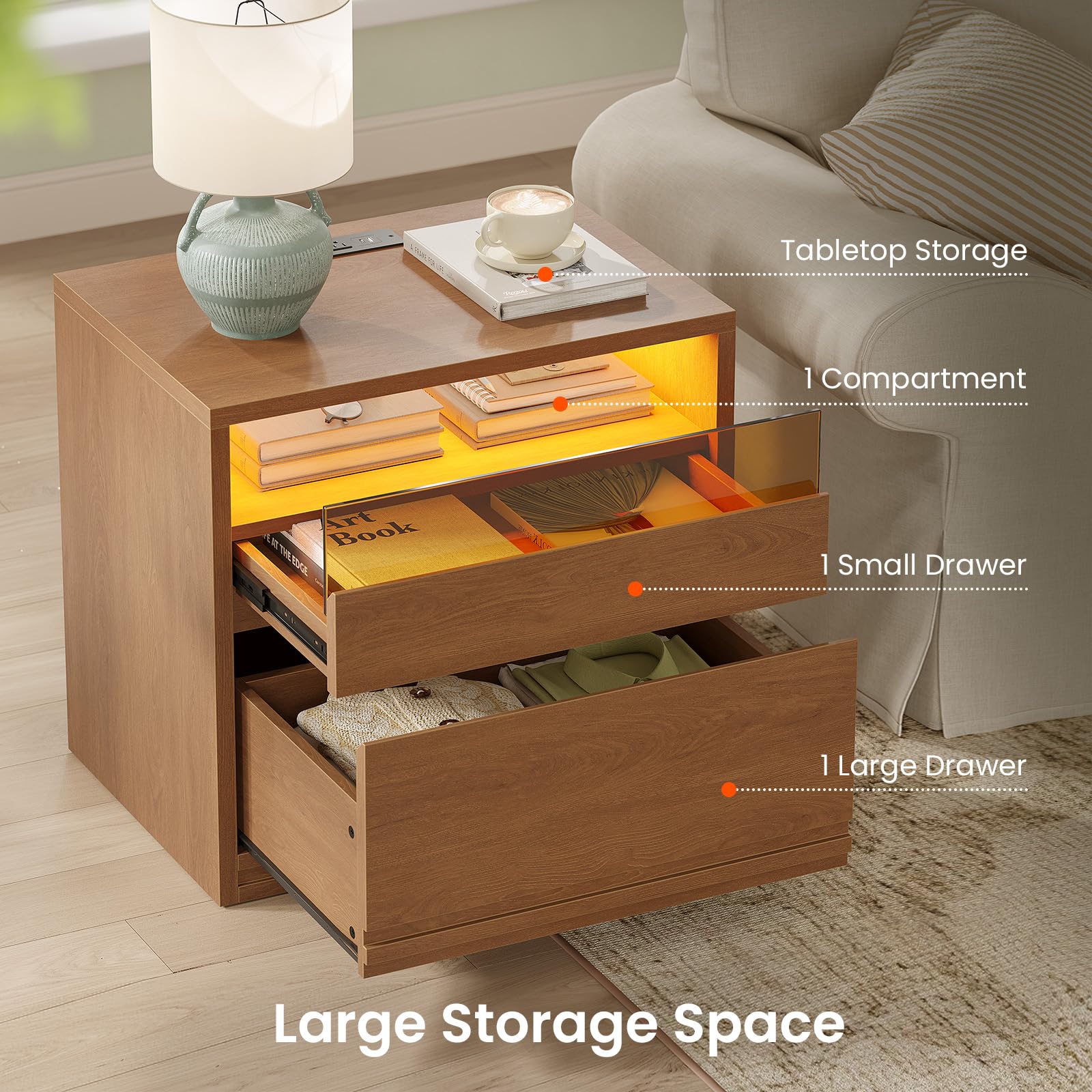 Sikaic 22" Fluted Nightstand with Charging Station and LED Lights, Bedside Table with Glass Drawers, Mid-Century Modern End Side Table for Bedroom, Walnut Brown