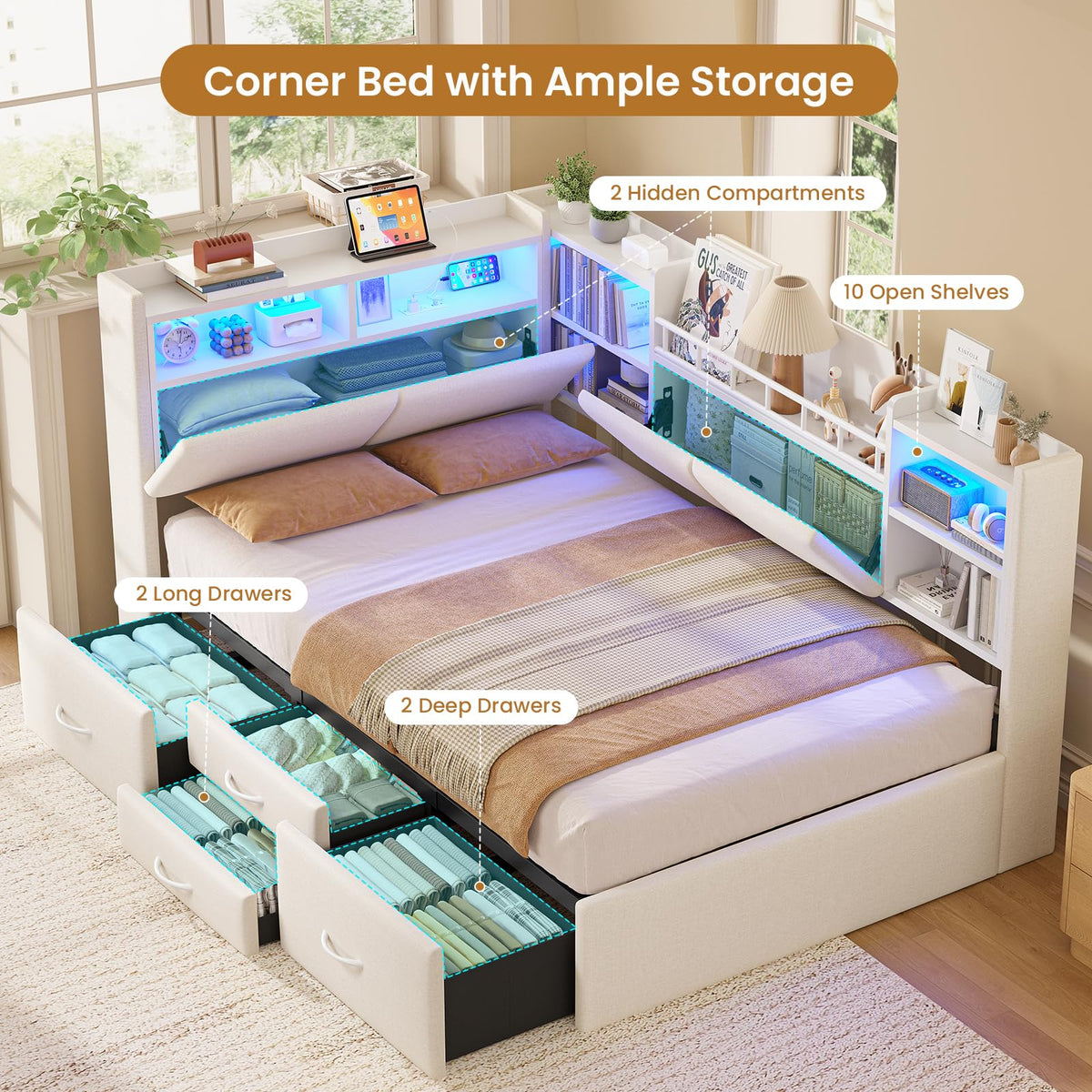 Twin Corner Bed Frame with Bookcase Headboard, 4 Storage Drawers, Beige