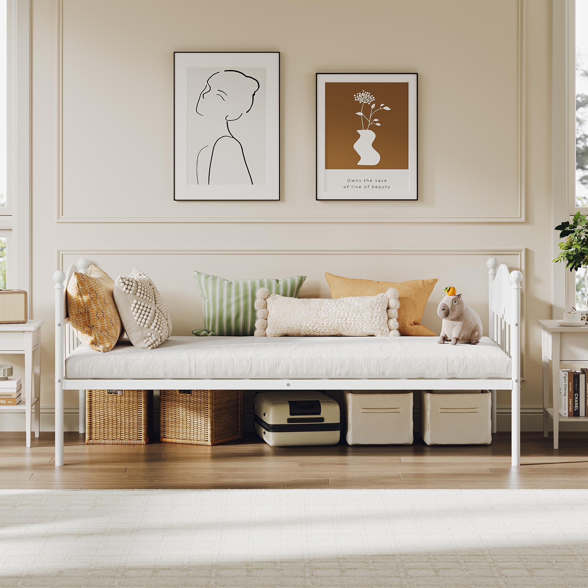 Garvee Twin Daybed, Metal Day Bed with Stylish Headboard, Heavy Duty Steel Slats Platform for Living Room, Under-Bed Storage Space, Bedroom and Guest Room, White