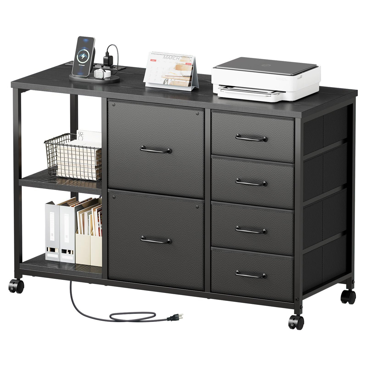 Maihail 6 Drawer File Cabinet with Charging Station and Open Storage Shelf