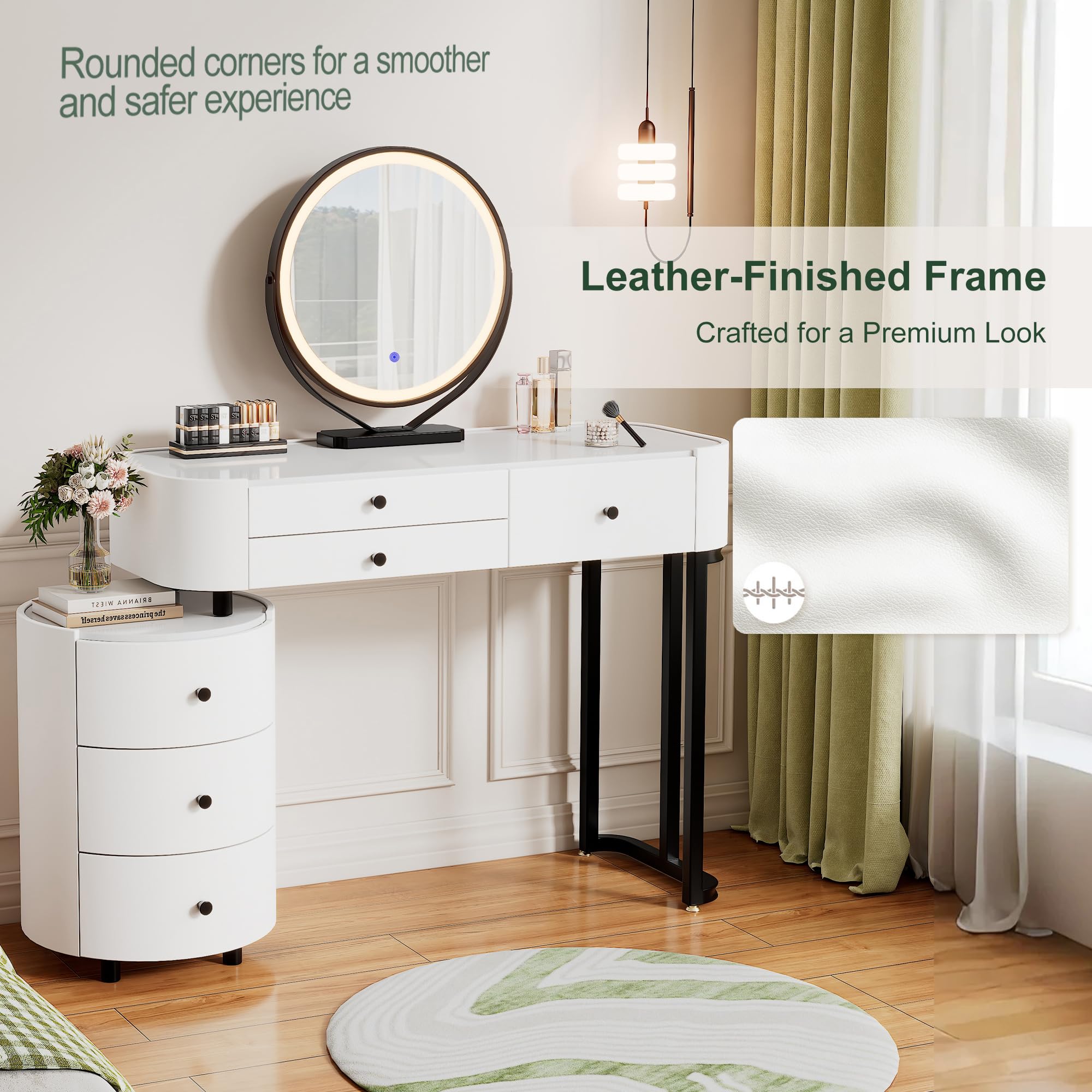 KDCAS Modern Vanity Desk with Mirror and Lights | Faux Leather Makeup Vanity with 5 Drawers | Round Reversible Side Cabinet for Small Spaces 38.38-46.45 in (White)
