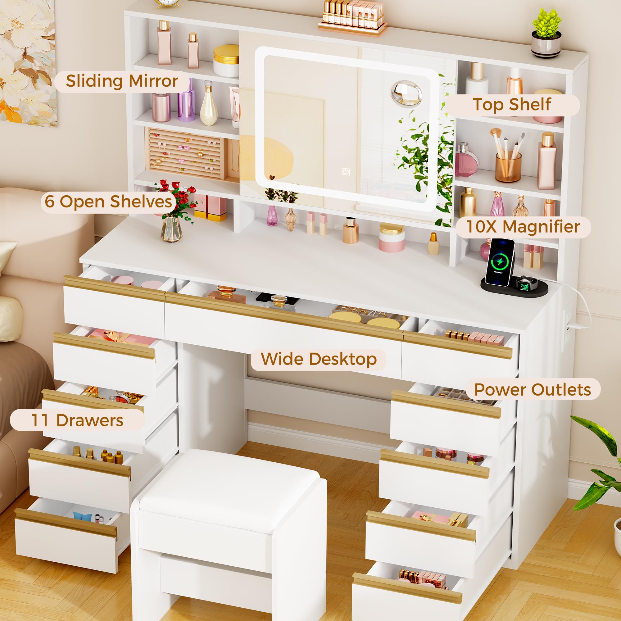 Lighted Vanity Desk with Sliding Mirror, 11 Drawers & Stool