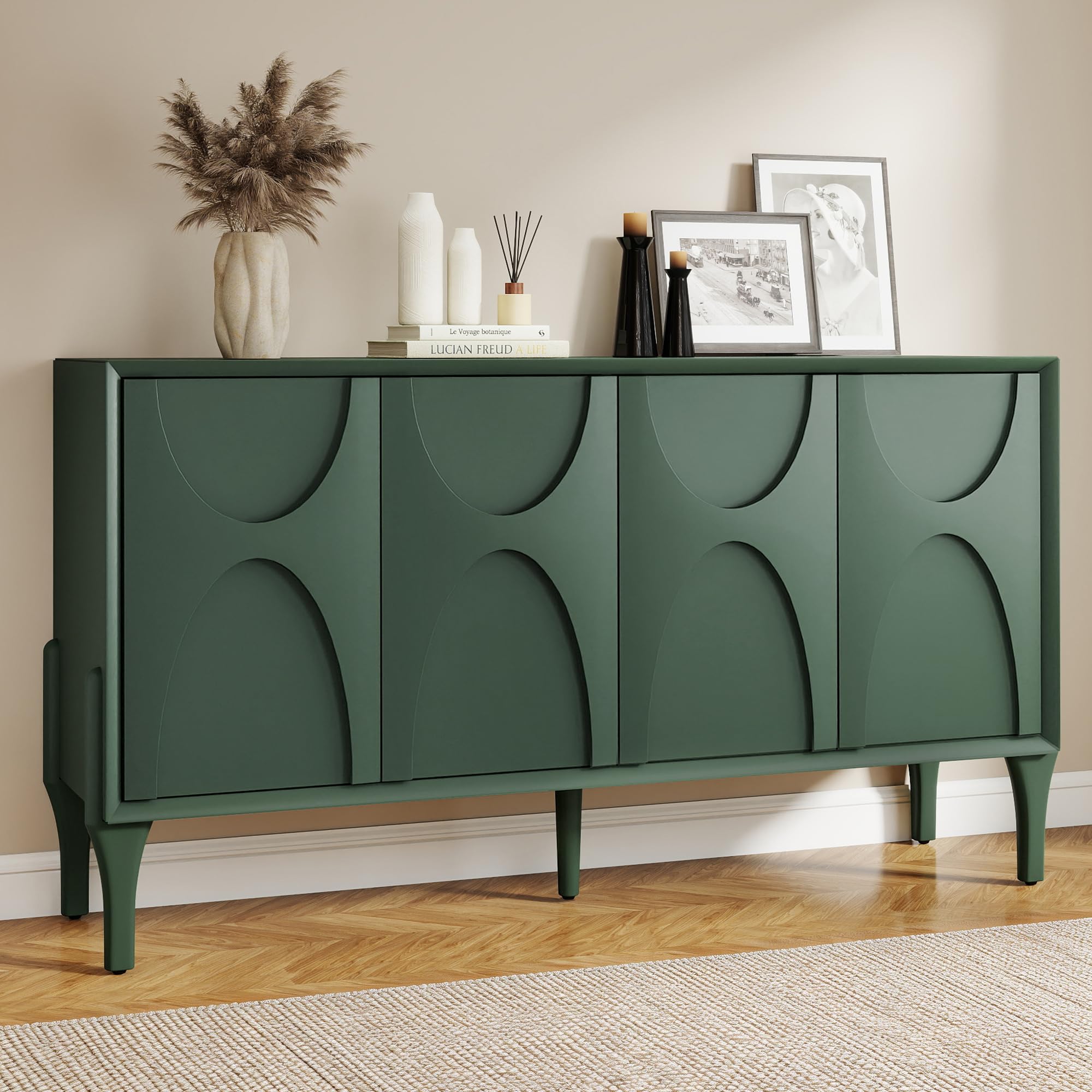 SZTHHDF 59" Sideboard Buffet Cabinet with Storage, Mid-Century Modern Storage Cabinet Accent Buffet Sideboard with Adjustable Shelves & Solid Wood Legs Large Credenza for Living Room (Green)