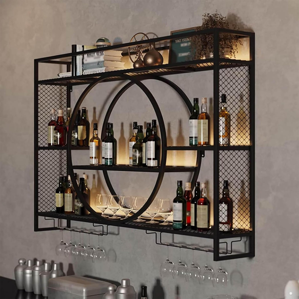 Liquor Bottles Bar Shelves Wall Mounted with LED Lighting Glass Holder, Wine Rack 3-Tiers Display Storage Organizer Hanging Long Stemware Goblet Metal for Home Cellar Black 39in