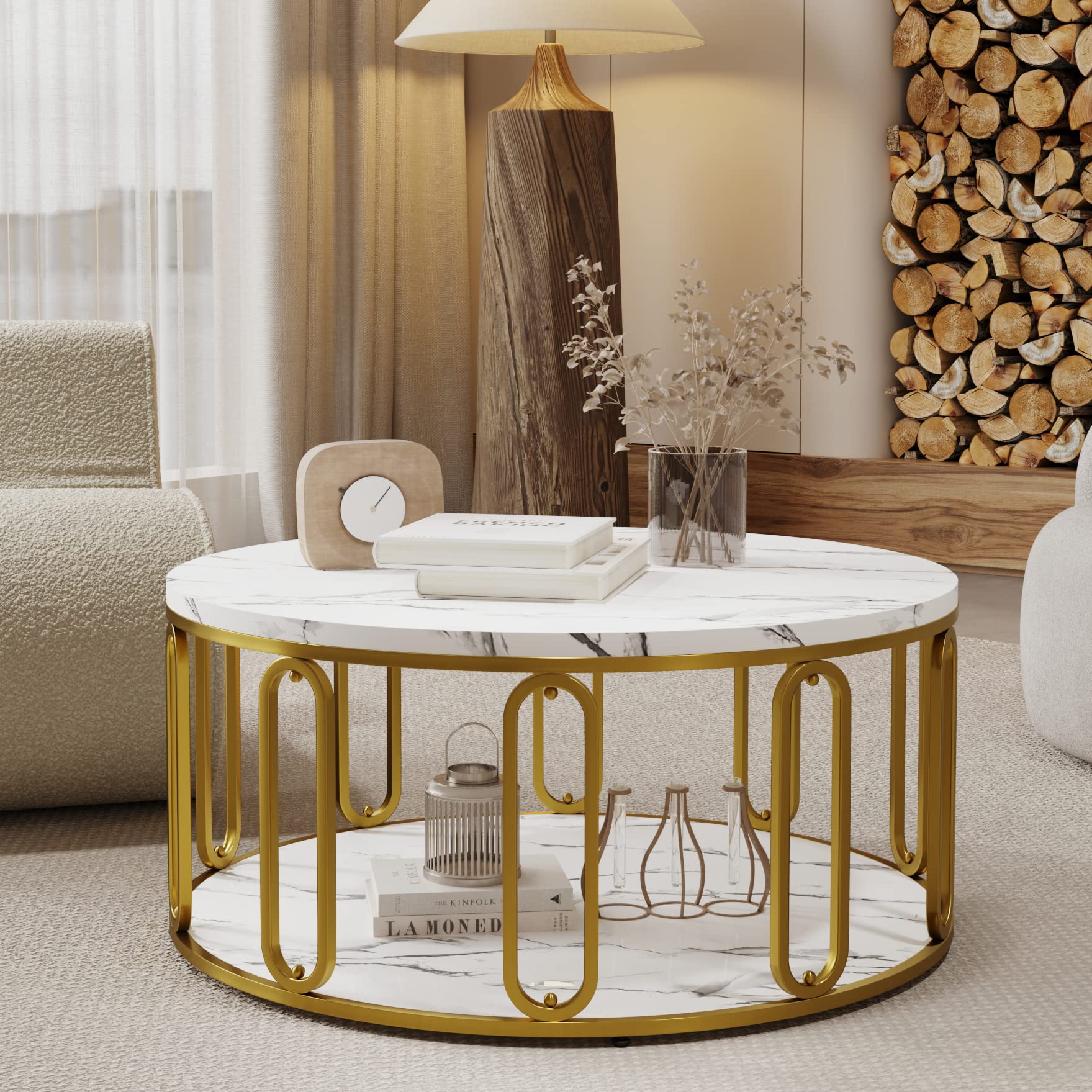 Easyzon Round Coffee Table, Wooden Marble Pattern Coffee Table with Round Open Storage, Solid Golden Metal Legs for Living Room, White