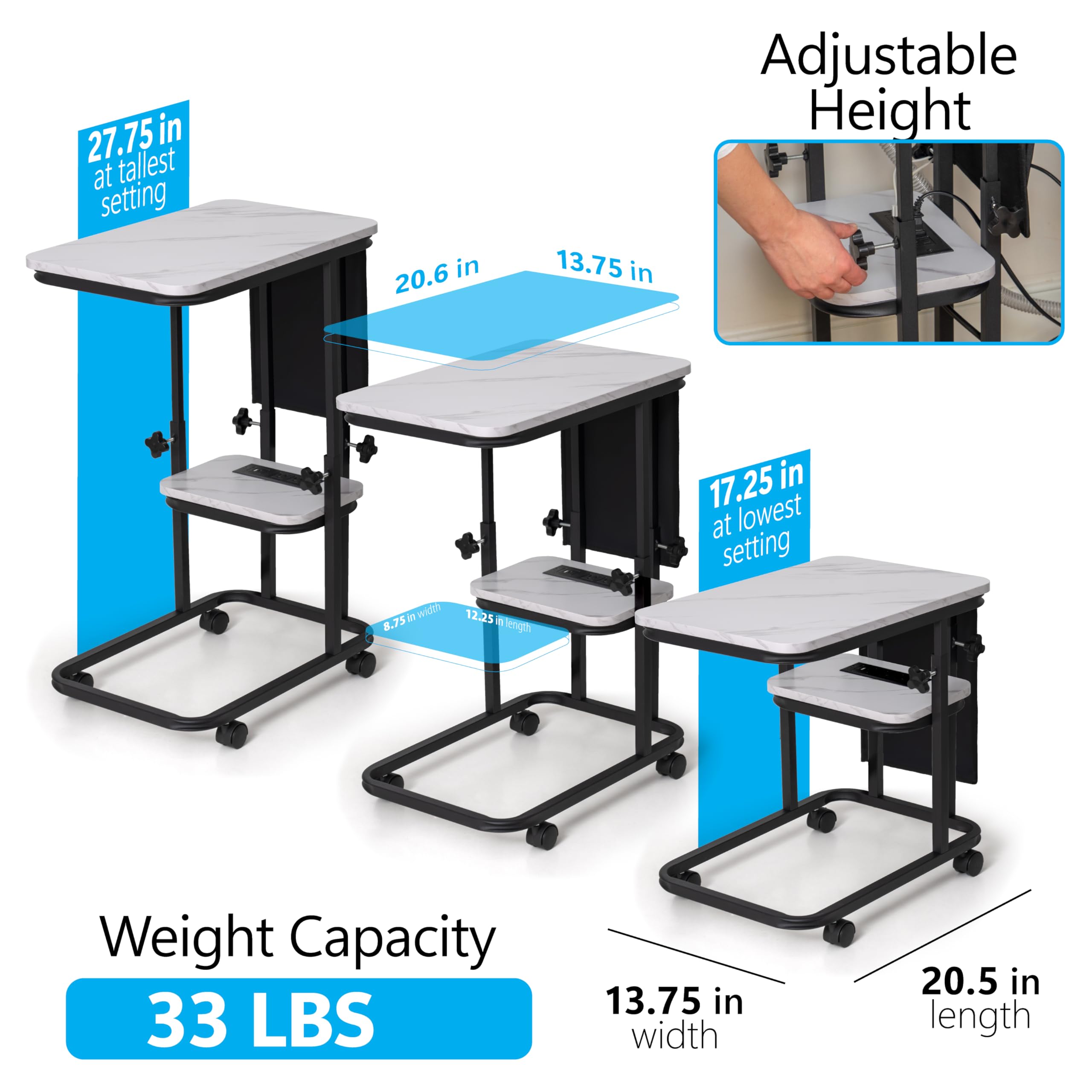 C Shaped End Table with Charging Station, Adjustable Height with Lockable Wheels & Storage Pouch, Rolling Side Table Slide Under Couch Laptop Desk, Small Sofa Table for Living Room (Large)