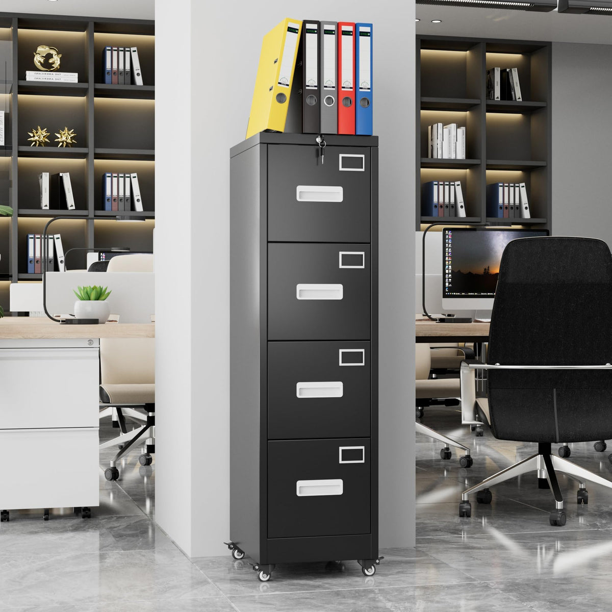 shengkefty 4 Drawer Metal File Cabinet with Lock and Wheels, Black