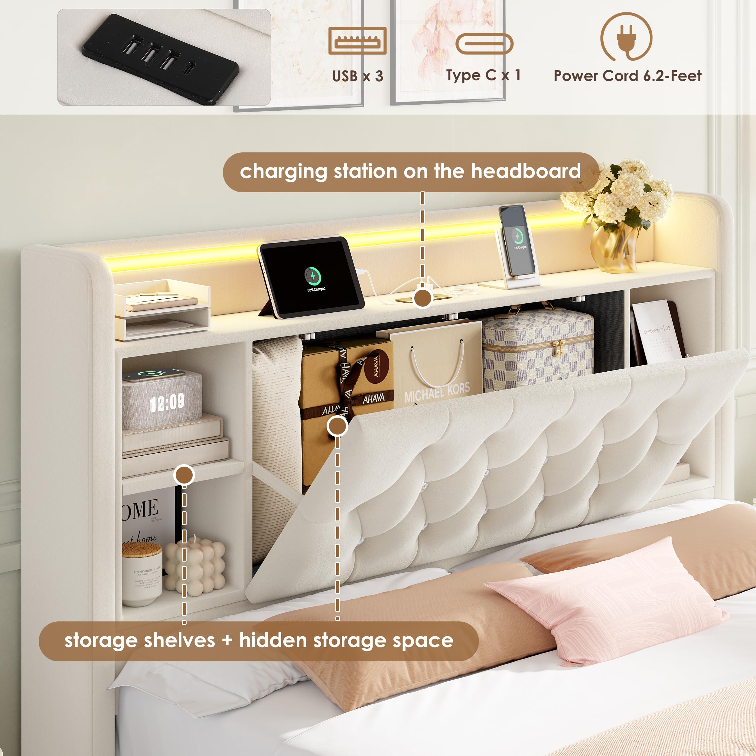 Upholstered Platform Bed with LED Headboard & Storage Drawers