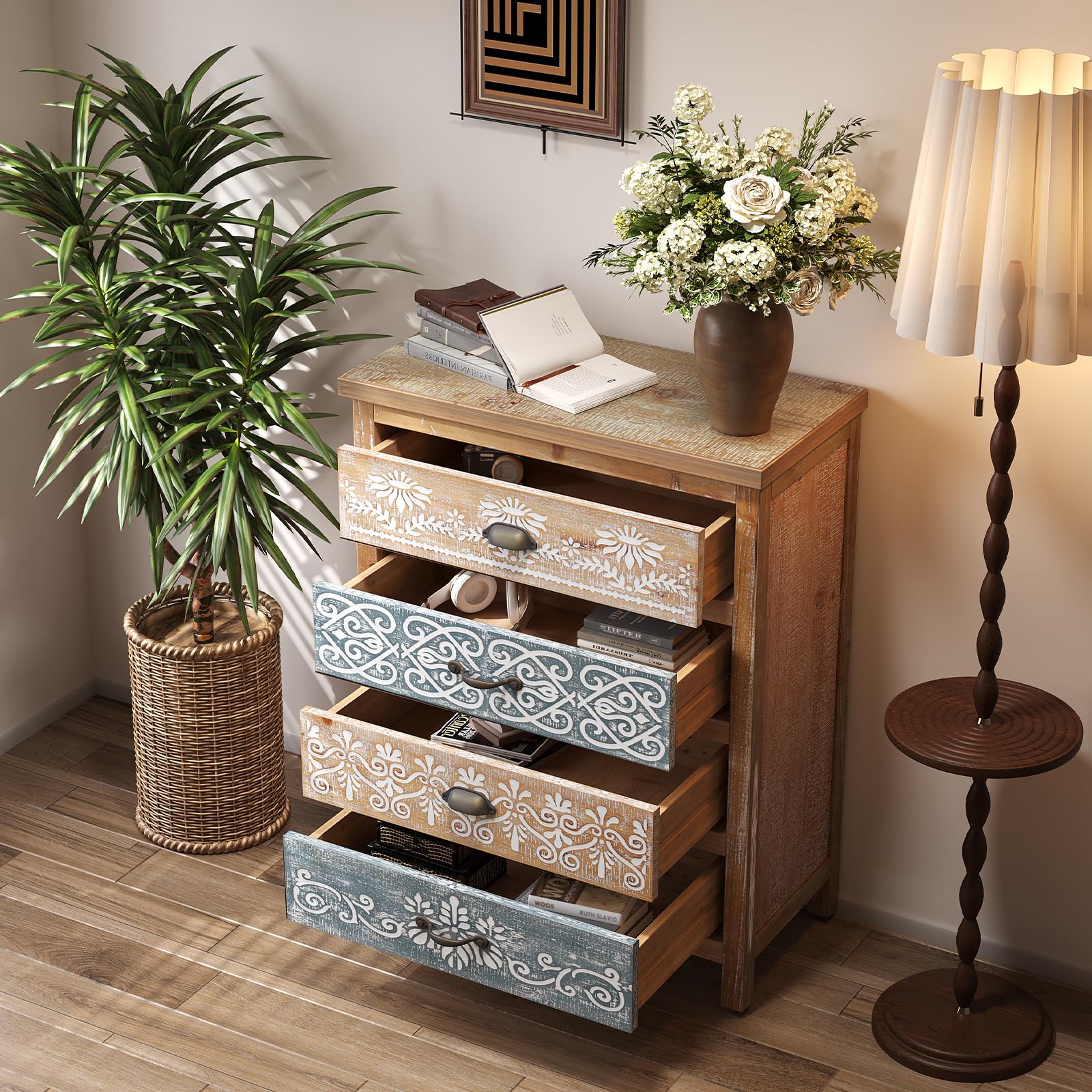 UWAMCIG Bohemian 4 Drawer Dresser, Boho Vintage Storage Cabinet, Rustic Solid Wood Accent Chest, Carved Wood Furniture, Traditional Country Style for Entryway, Living Room, Kitchen