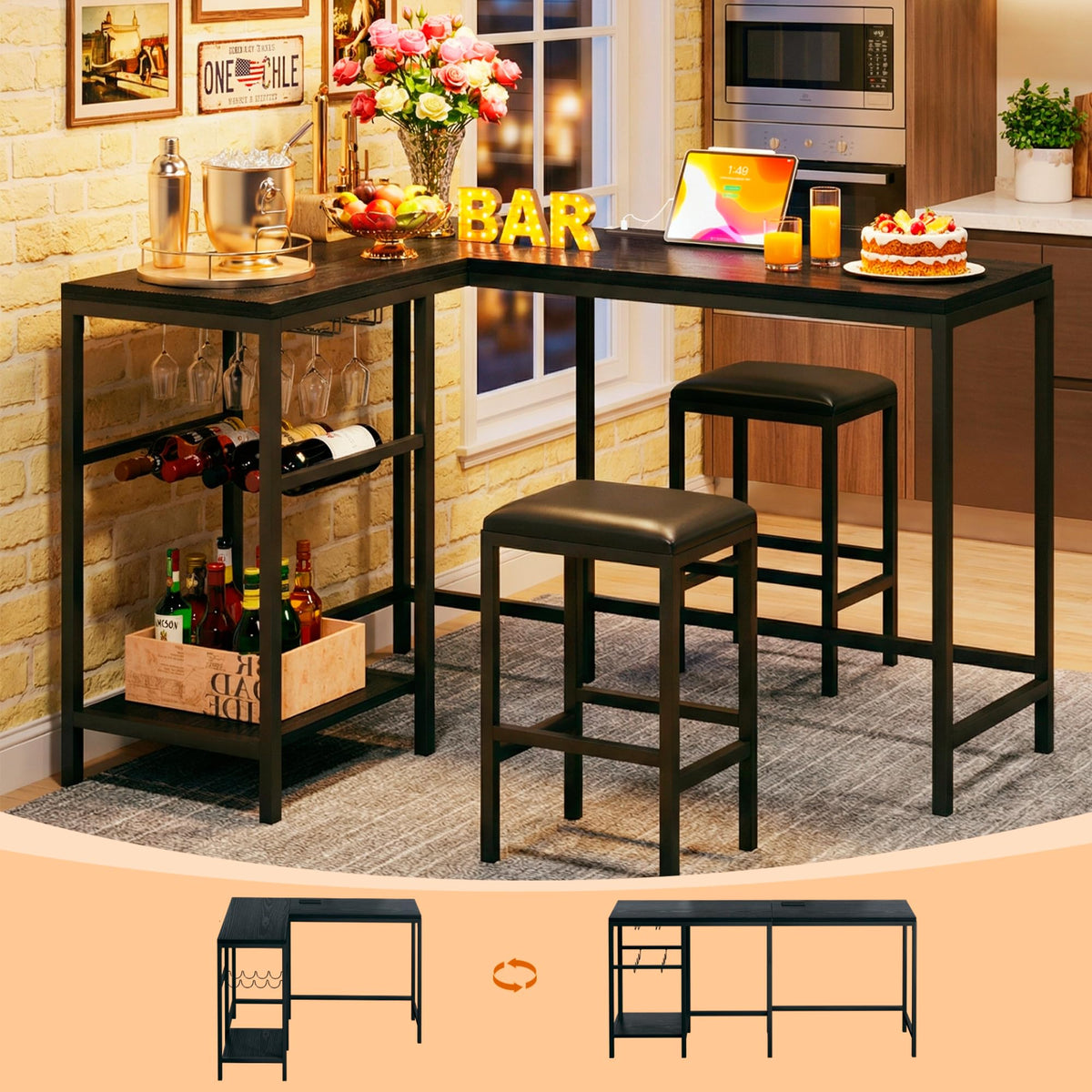Convertible Bar Table Set with Stools
