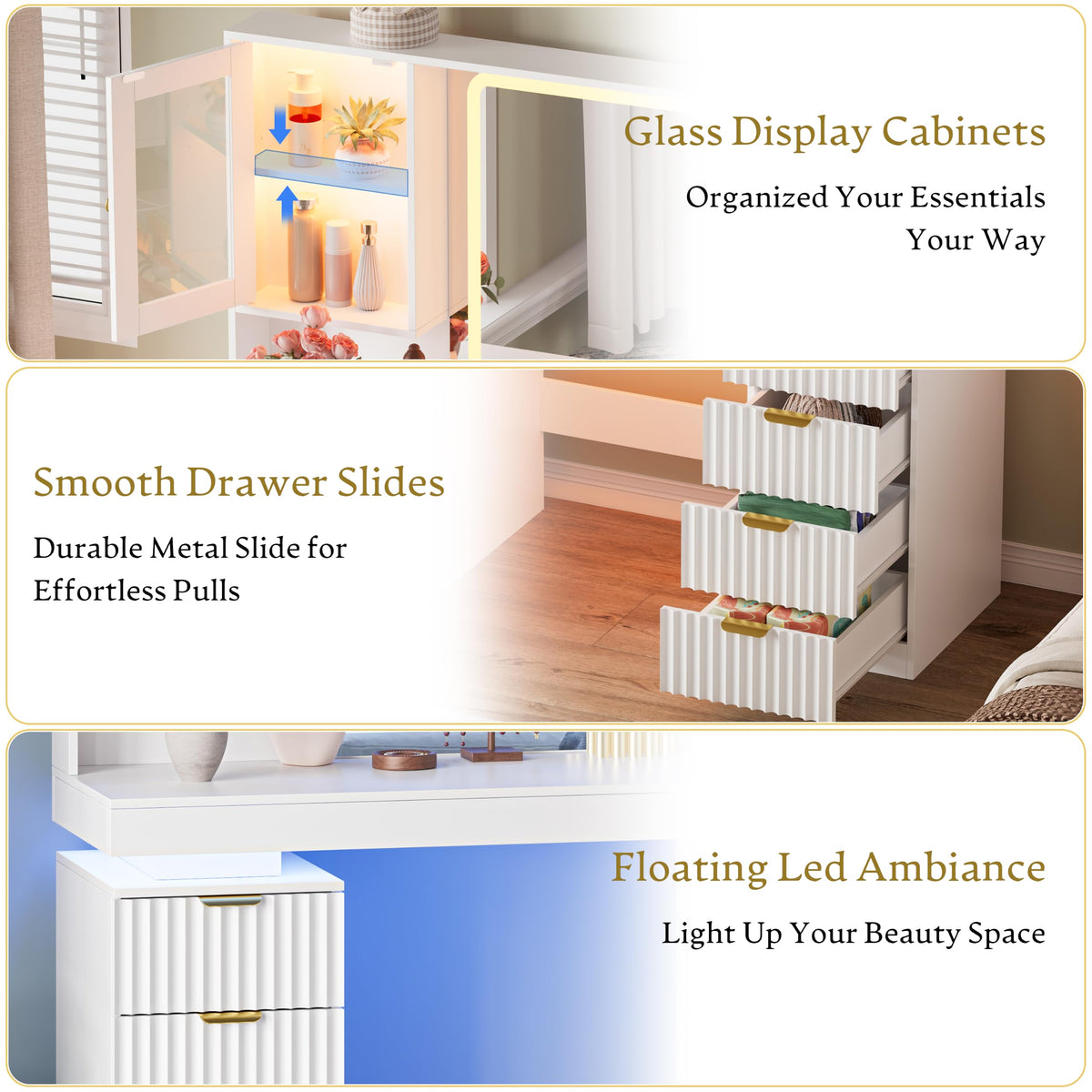 BOXACTION 45" Floating Vanity Desk with RGB Lighting & Led Mirror, White