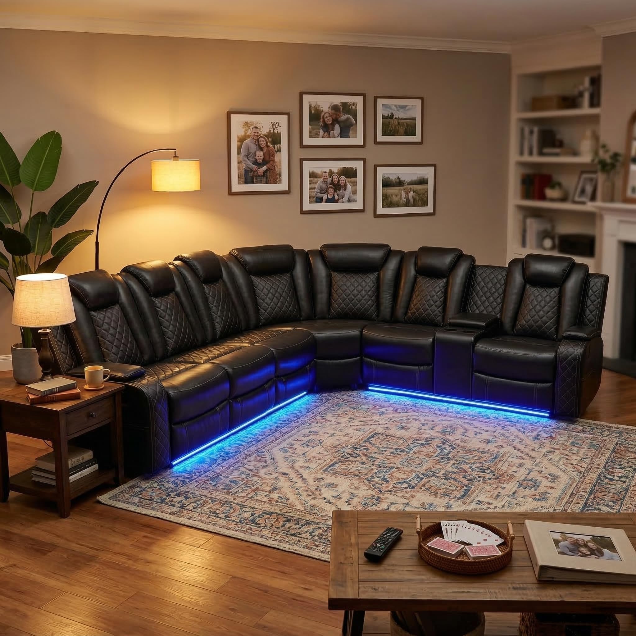 GzhAyyQ Power Reclining Leather Sectional Sofa Set for Living Room, 6-Seater Black Curved Couch with LED Lights, Cup Holders & Storage Console, Home Theater Seating