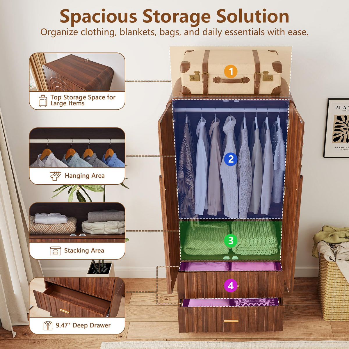 ORRD Freestanding Armoire Wardrobe Closet with Arched Fluted 2 Doors and 2 Storage Drawers, Large Capacity Wardrobe Cabinet Bedroom Organizer for Clothes, Blankets and Accessories, Walnut