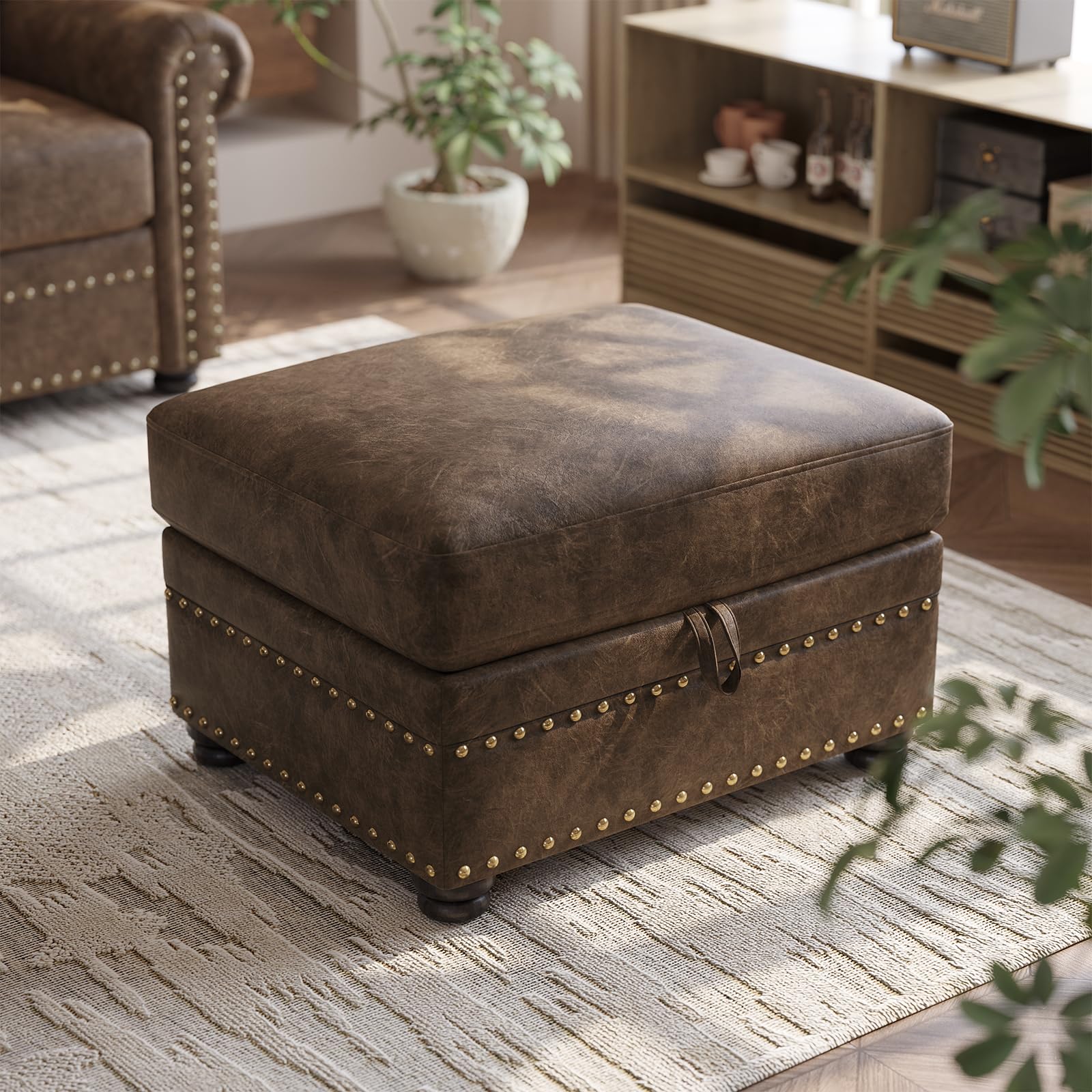Faux Leather Storage Ottoman with Nailhead Trim