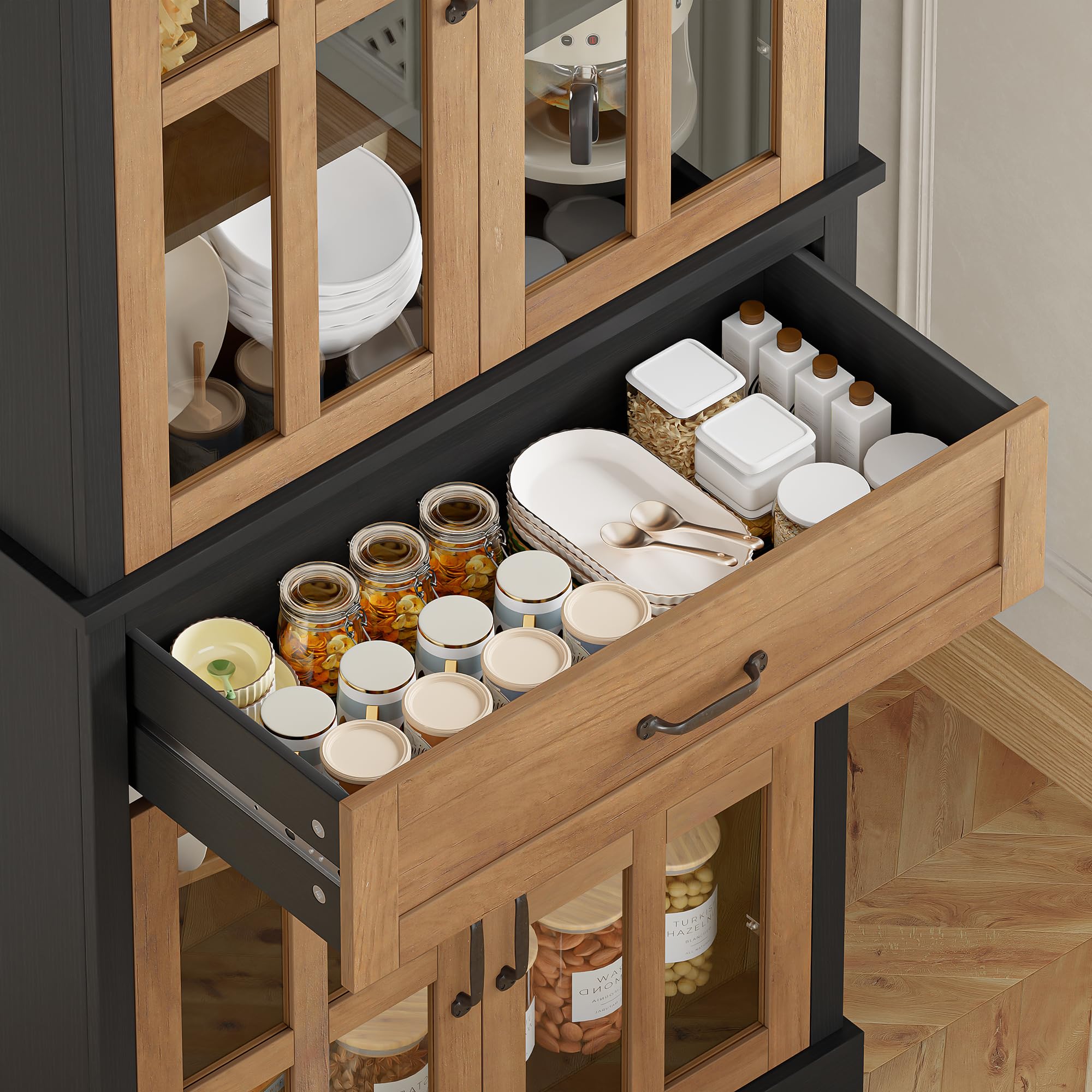 Tall Kitchen Pantry Cabinet with Glass Doors & Drawer
