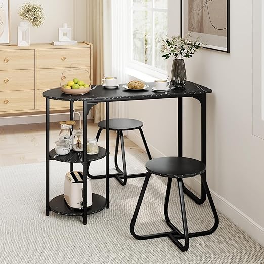 3-Piece Industrial Dining Table Set with 2 Stools & Storage Shelves