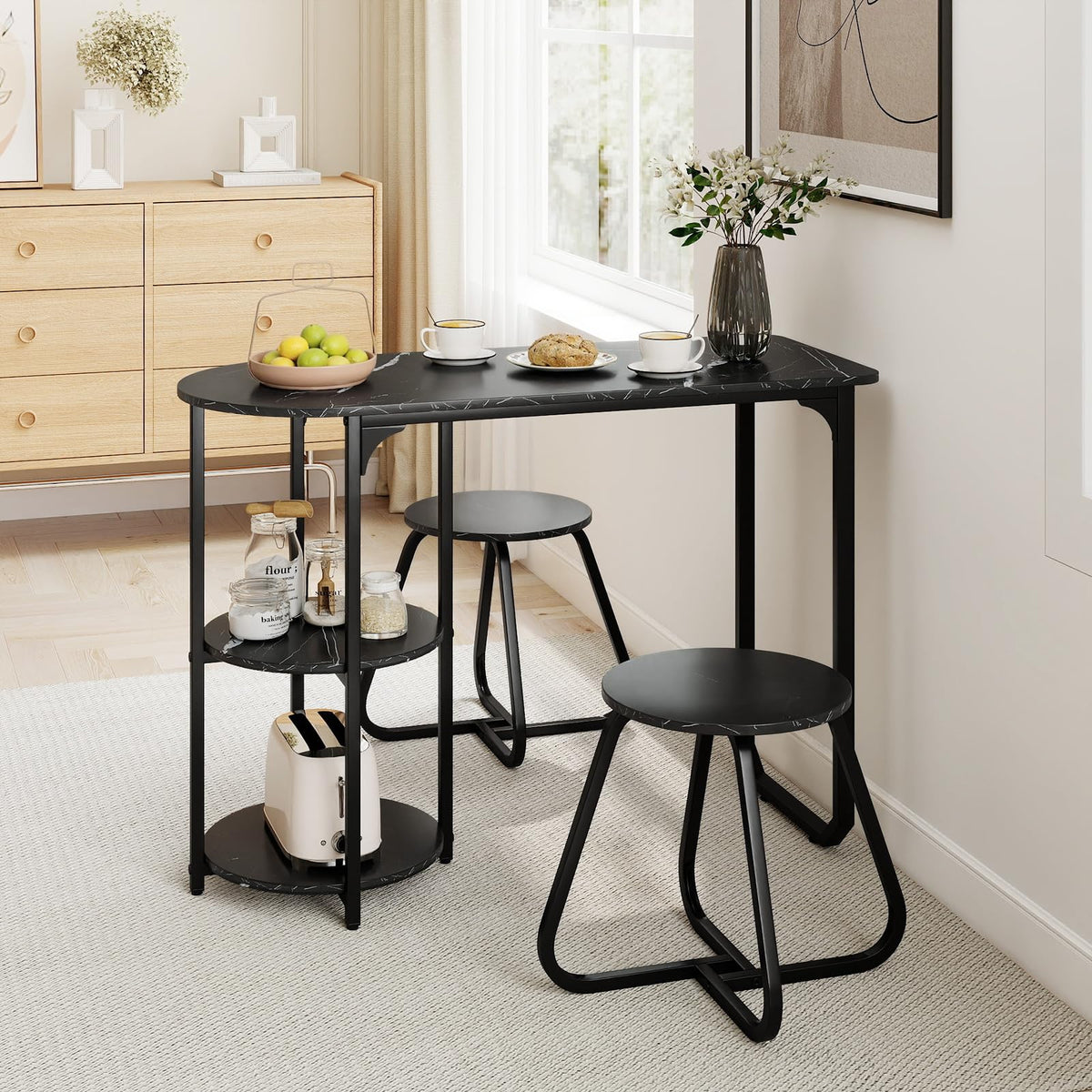 GOFLAME 3-Piece Dining Table Set, Modern Kitchen Table and 2 Stools with 2-Tier Storage Shelves and Metal Frame, Space Saving Wooden Dinette Set for Living Room, Breakfast Nook, Black